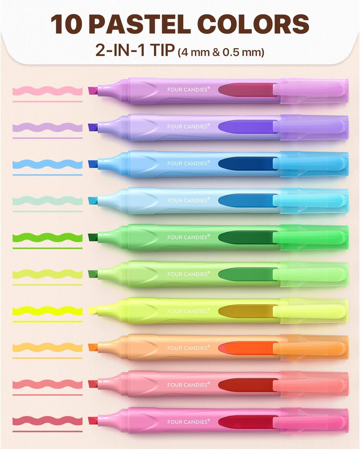 Four Candies Cute Pastel Highlighters, 10 PCS Highlighters Assorted Colors, Soft Chisel Tip, Clear Ink View, Aesthetic Highlighters Set for Organizing and Coloring