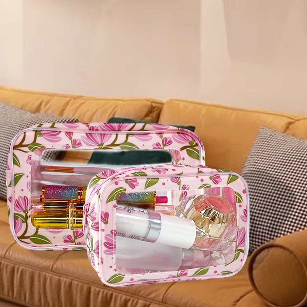Toteprint Transparent Cosmetic Bag Small Cosmetic Bag PVC Waterproof 18 X 13 X 6.5 Cm with Floral Pattern for Men and Women, Pink + Flowers, Modern image number 2