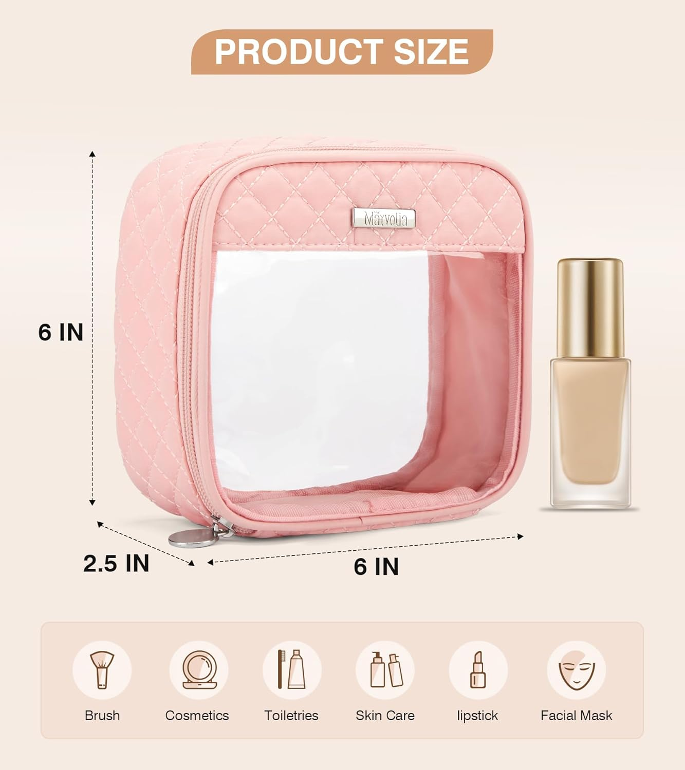 Marvolia Clear Makeup Bag - Travel Clear Toiletry Bag for Women Cosmetic Case Makeup Organizer Zipper Pouch for Travel Essentials, Pink, Small image number 5