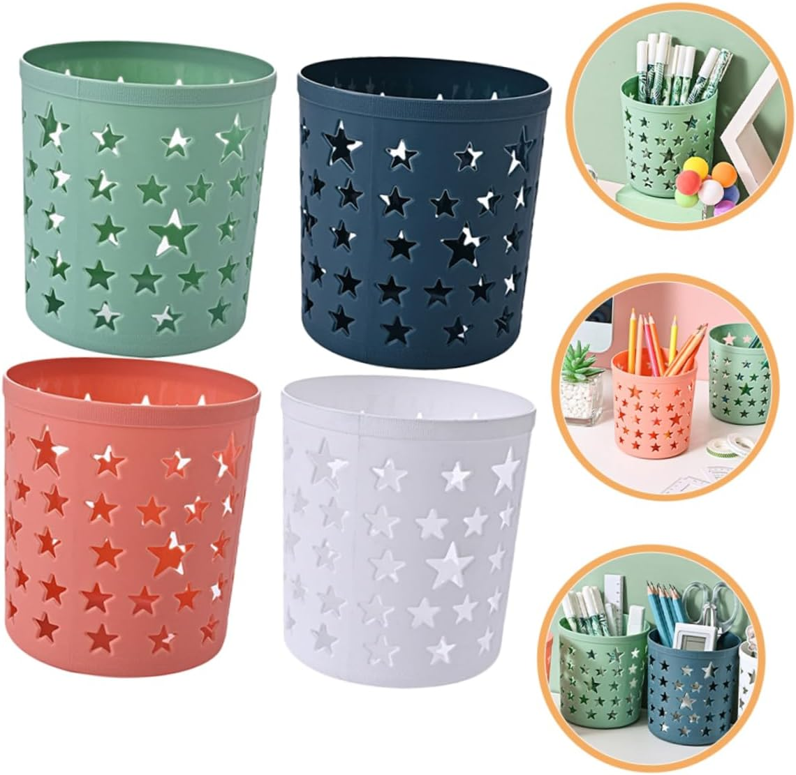 SOPOTUTU 8Pcs Cute Pencil Storage Holder and Pen Organizer Set, round Plastic Desk Containers Star Cutout Design, Multi-Color Desktop Storage for Home, Office, and Classroom Supplies image number 6