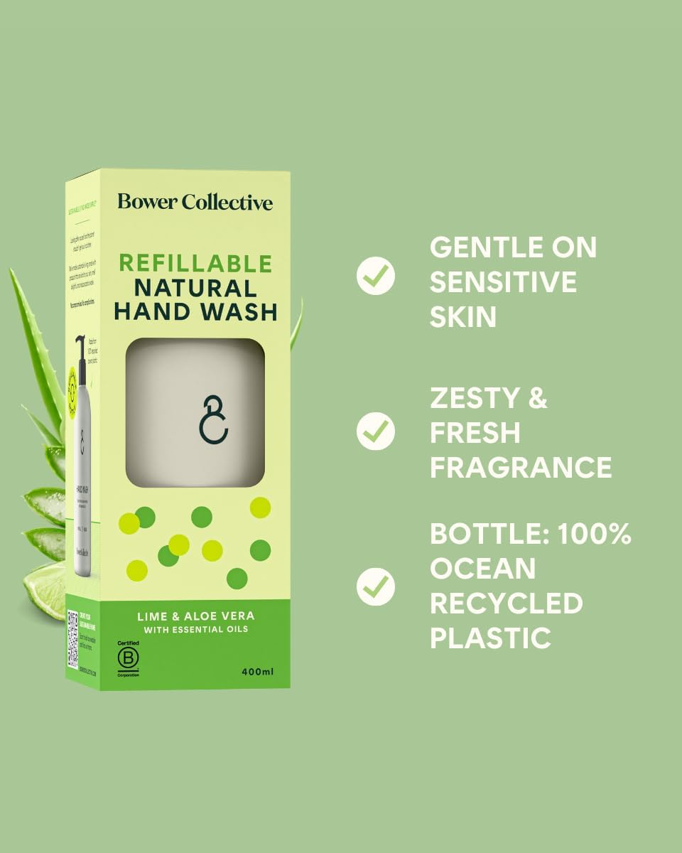 Bower Collective Natural Hand Soap Starter Pack, Lime & Aloe Vera Liquid Hand Wash, Reusable Soap Dispenser with 400Ml Refillable Bathroom Soap, Eco-Friendly Handwash image number 5