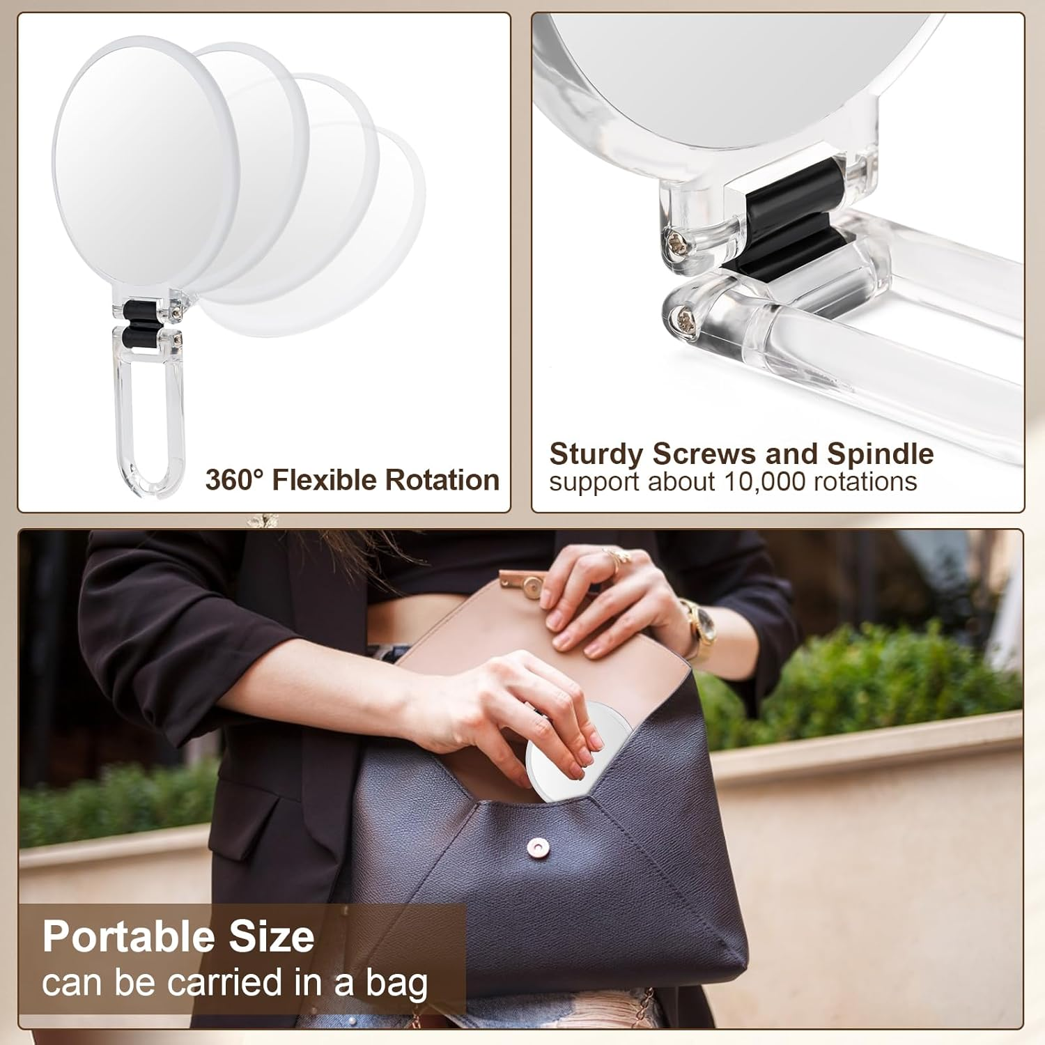 BOOMIBOO 1X/10X Magnifying Handheld Mirror Double Sided, Foldable Travel Makeup Mirror, Adjustable Rotation Pedestal Hand/Hanging/Desk Vanity Mirror-Clear