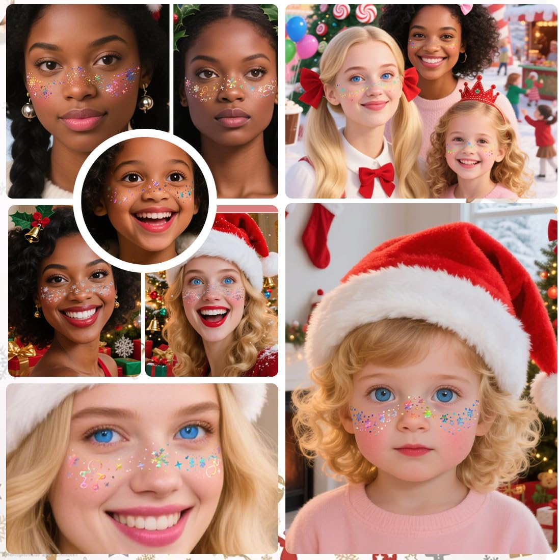 VYIBPDY Pack of 10 Holographic Multichrome Glitter Freckles Face Tattoos, Glitter Temporary Tattoo Set, Waterproof, Christmas Festival Glitter Face Patches, for Adults and Children image number 4