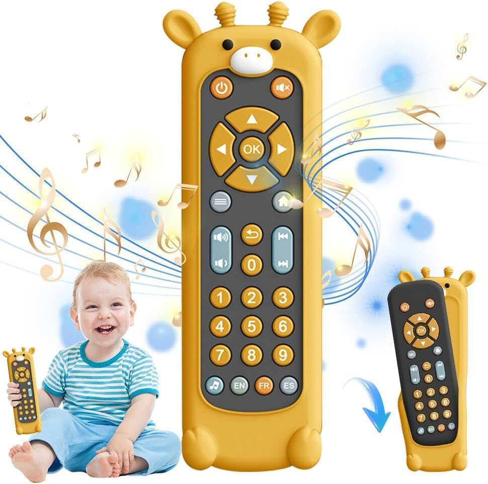 Baby TV Remote Control Toy with Cute Giraffe Soft Silicone Cover Toy, Realistic Baby Musical Remote Control Toy with Light ＆ Sound, Educational Toys with 3 Language for 6M+Toddlers