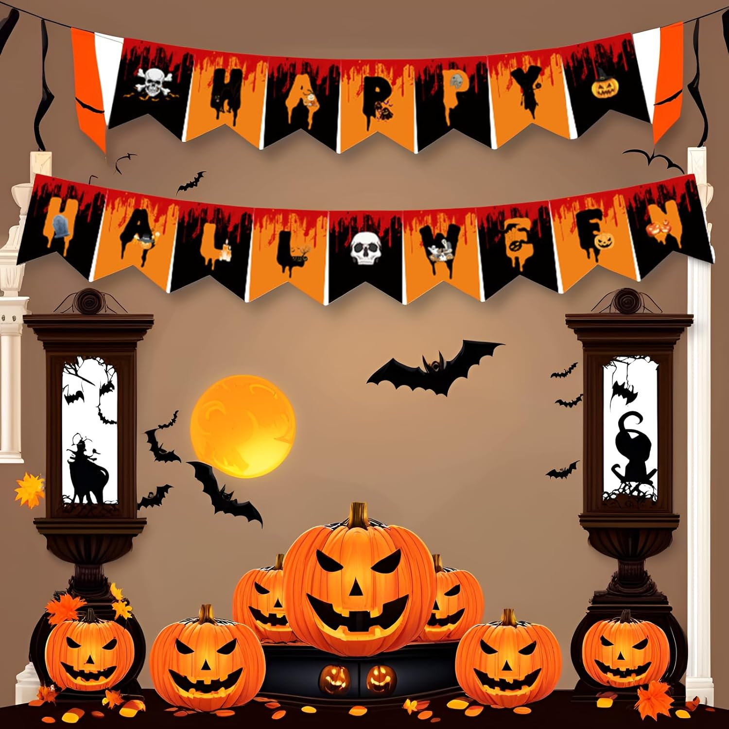 JCBCKJ Halloween Banner - Happy Halloween Bunting with Pumpkin Sign, Perfect for Halloween Party Decorations image number 1