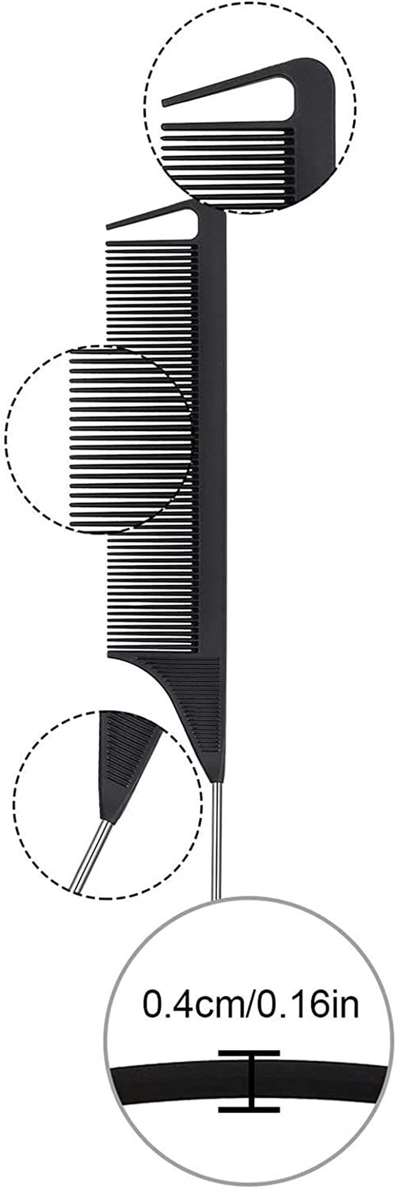 3 PCS Black Tail Combs,Carbon Fiber Stainless Steel Pintail Comb and Heat Resistant Teasing Comb,Metal Parting Combs for Hair Styling Barber Salon Hairdressing Tools image number 6