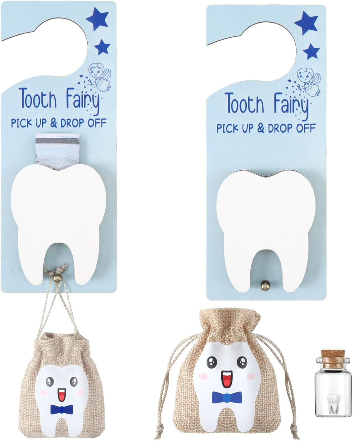 Doublefill Tooth Fairy Holder Bag Hanger with Money Slot Keepsake Bottle Velvet Pouch Tooth Fairy Box Encourage Gift for Lost Teeth Boy Girl Milk(Classic,Lake Blue)
