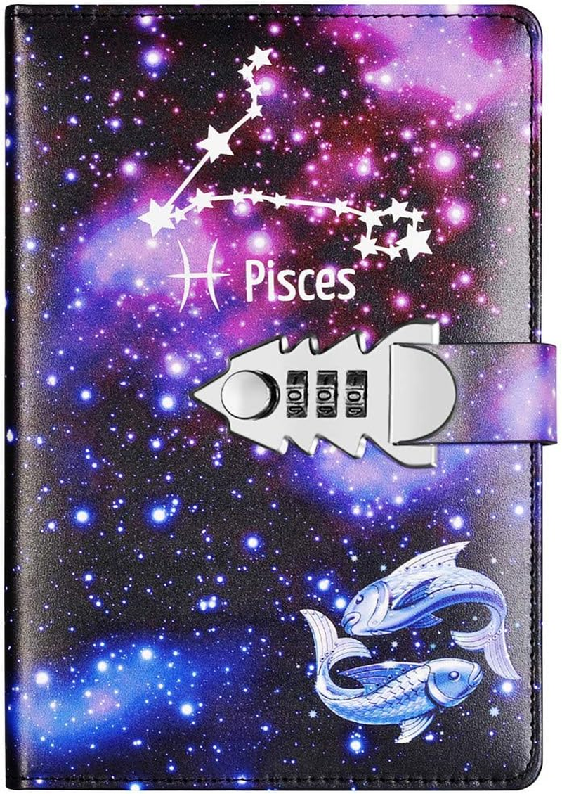 Junshop Locking Diary Combination Lock Journal Constellation Writing Diary A5 Starry Sky Lock Leather Notebook (Pisces) image number 5