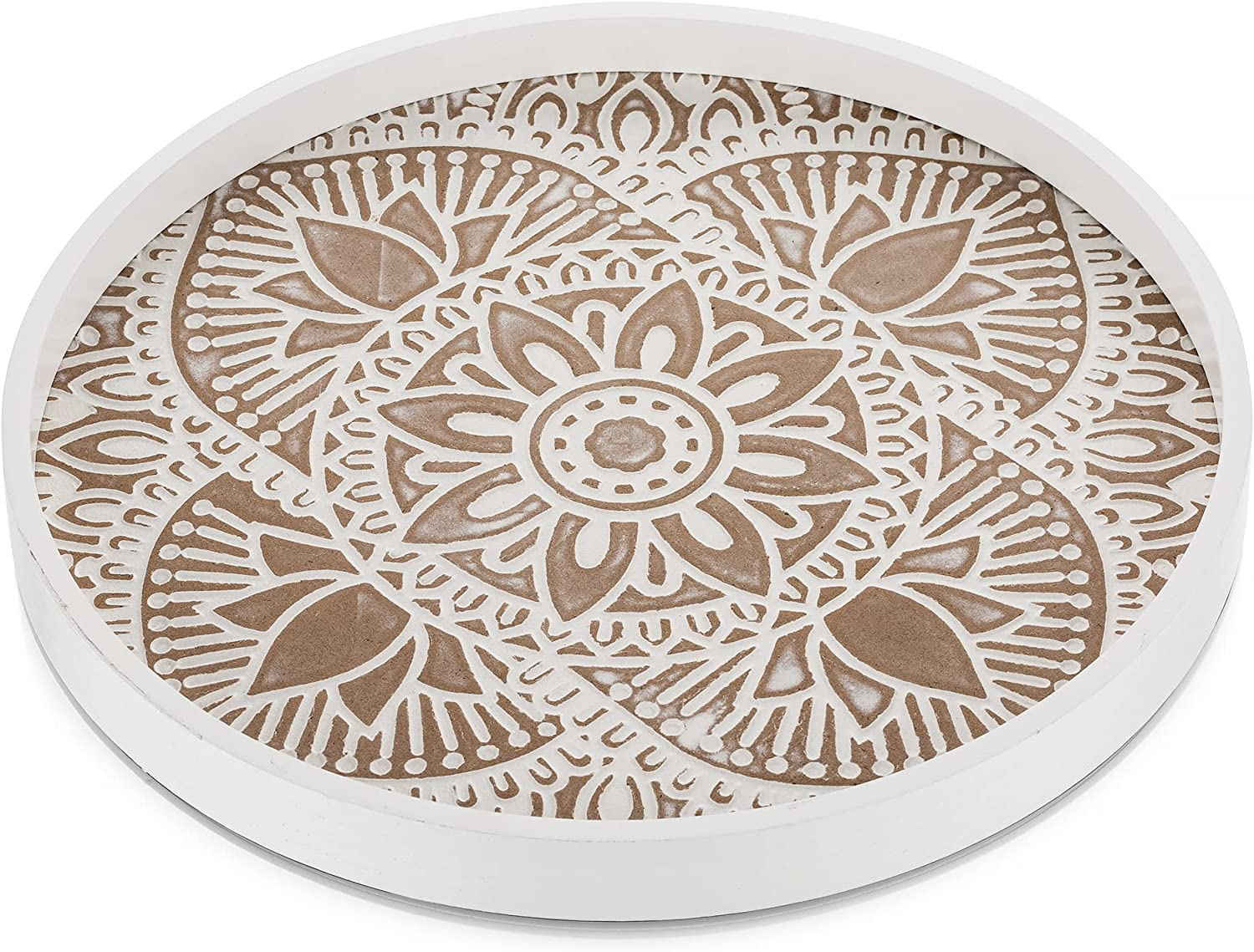 Hanobe round Wood Decorative Tray: Rustic Coffee Table Tray Farmhouse Tray Decor White Washed Centerpiece Wooden Serving Trays Rounded Tray for Kitchen Counter Boho Ottoman Tray for Home image number 3