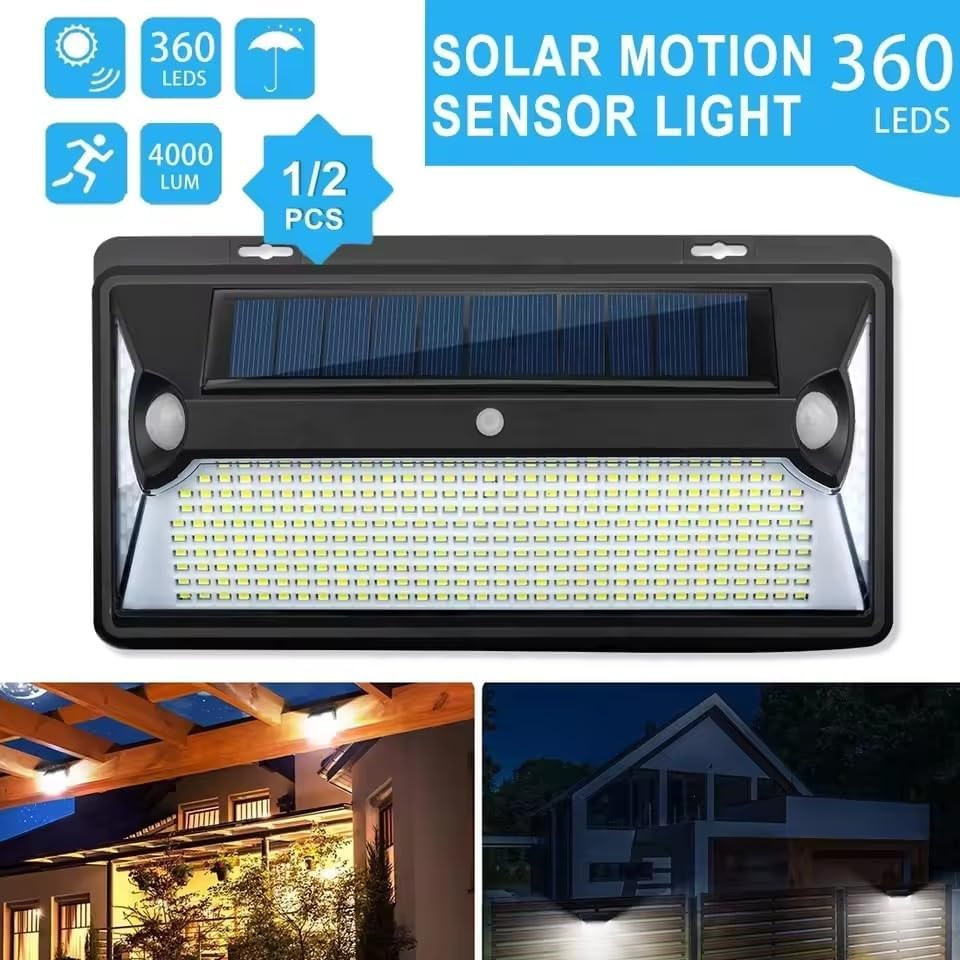 GHOST MONKEY Solar Lights Outdoor, 360 LED Super Bright Motion Sensor Wall Light with 360&deg;Wide Angle, Dual Sensors, 3 Modes, IP65 Waterproof Security Light for Patio Garden Garage Porch (2-Pack) image number 3