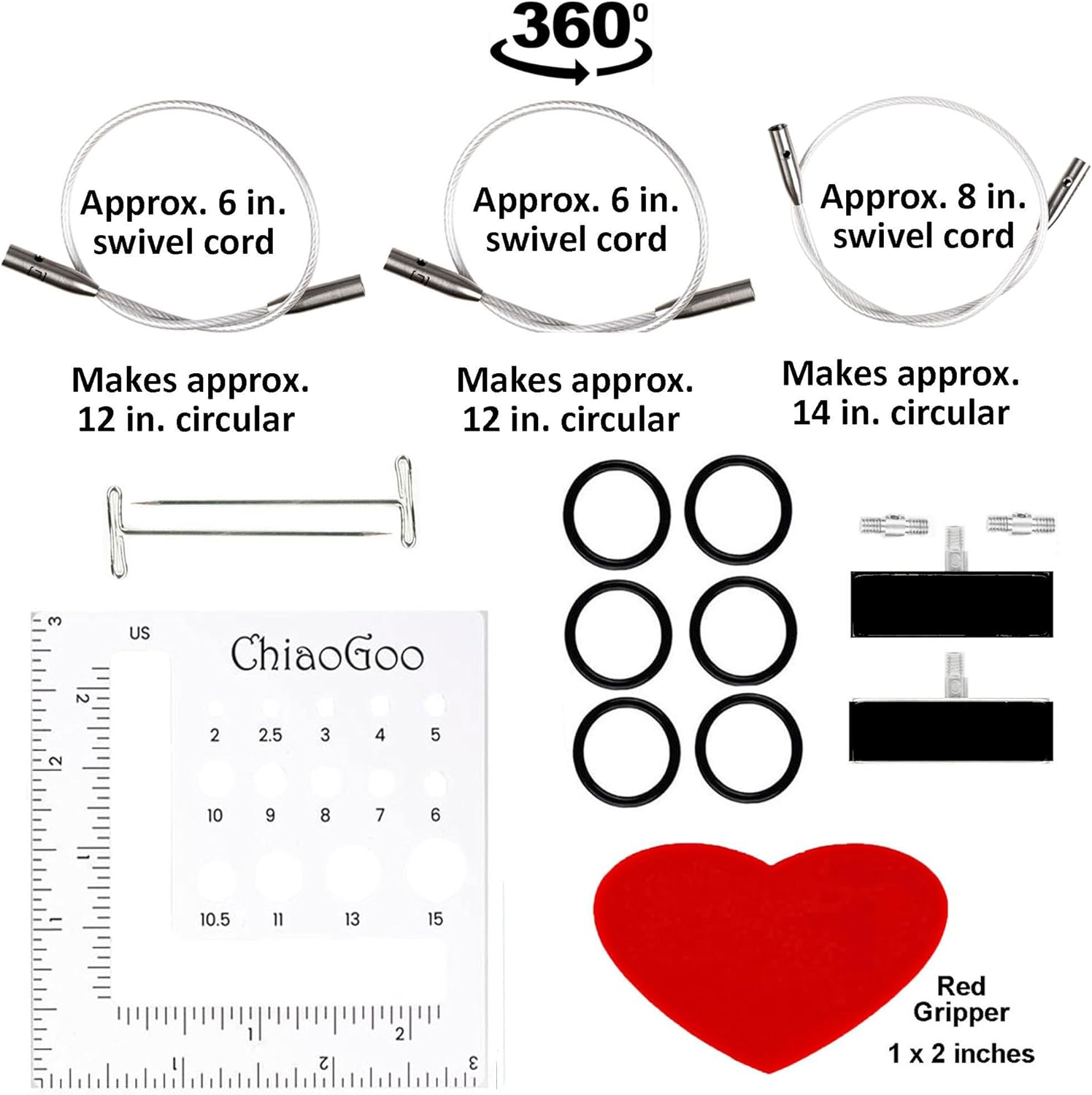 Chiaogoo Twist Red Lace Shorties 3-Inch Large Yellow 7230-L Interchangeable Knitting Needle Set, US 9, 10, 10.5, 11 Stainless Steel with 3 Swiv360 Cables Bundle with 1 Artsiga Crafts Project Bag image number 4