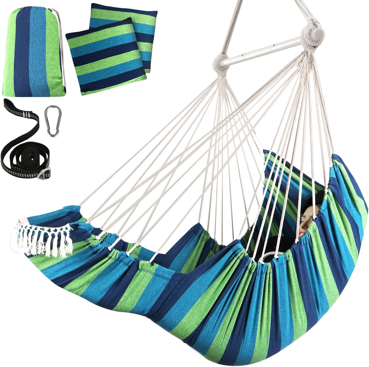Chihee Hammock Chair Hanging Chair with Foot Rest 2 Cushions Max 500Lbs Robust Metal Spreader Bar Collapsible Easy Storage Soft Cotton Swing Chair Strong Strap Iron Carabiner Side Pocket Included