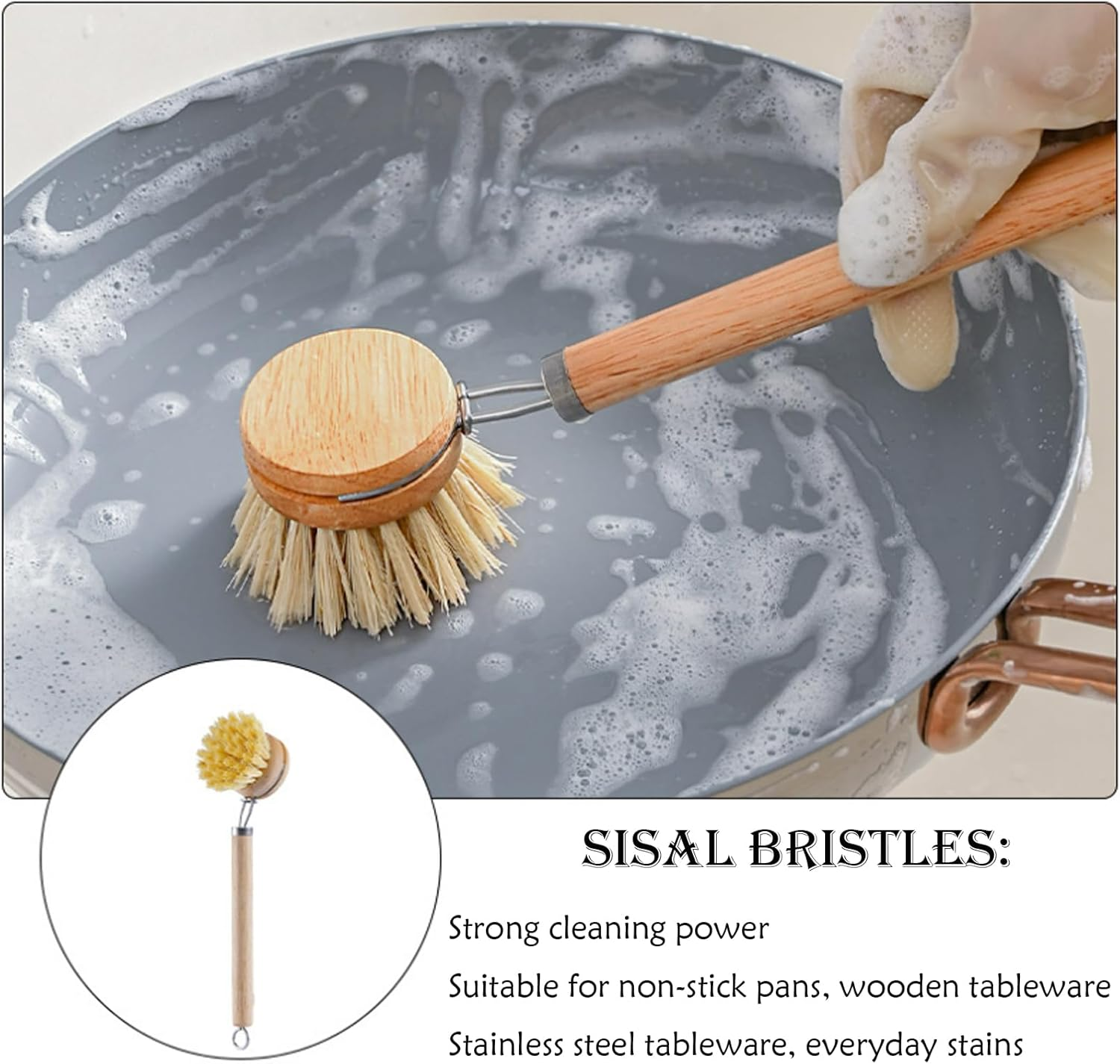 5 Pcs Dish Brush,Natural Sisal Pot Brush,Kitchen Wooden Handle Brush - Replaceable Head Soft Hair Non-Stick Pot Brush,Pot Brush for Cleaning Kitchen Utensils image number 5