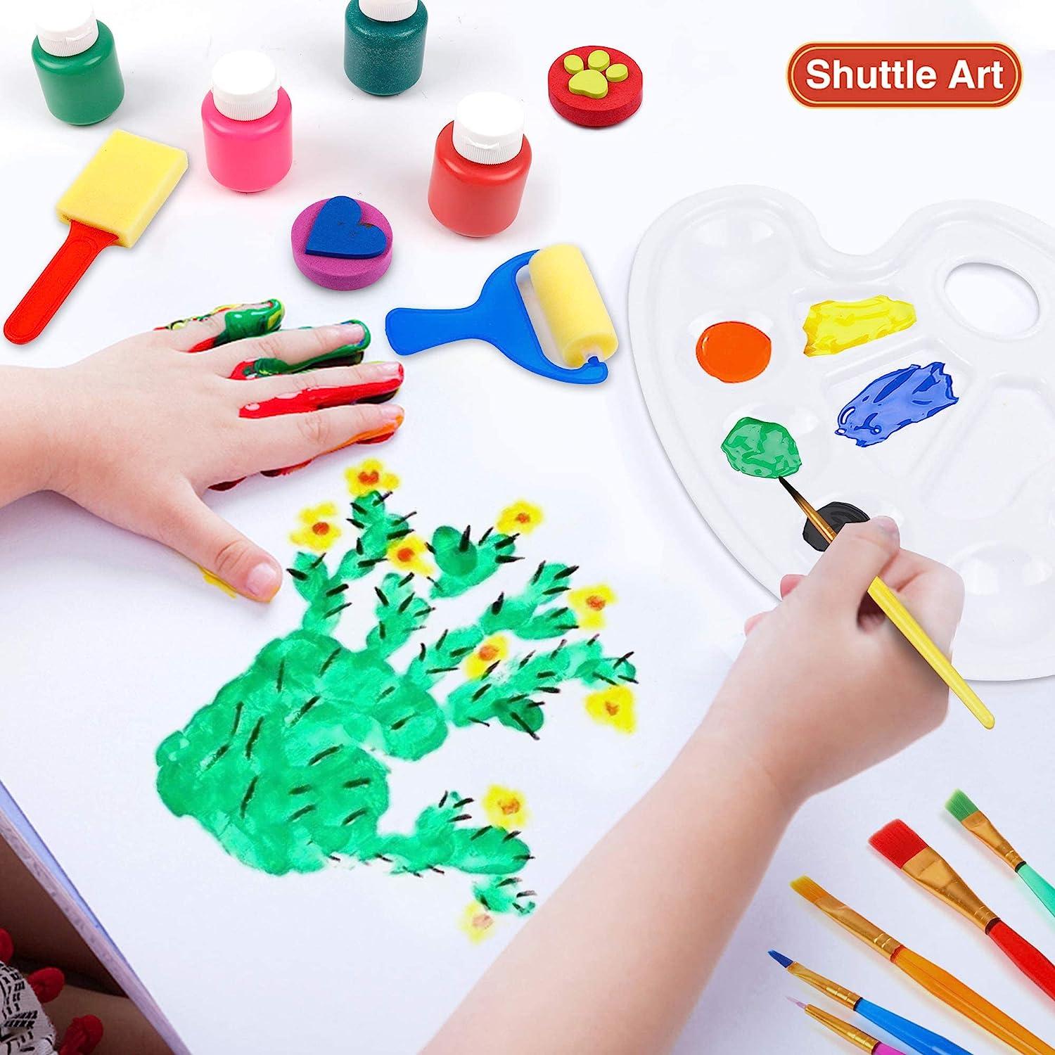 Shuttle Art Washable Finger Paint Set, 14 Colours Kids Paint Set with Brushes, Finger Paint Pad, Sponge, Palette, Smock, Nontoxic for Toddlers Home Activity Early Education