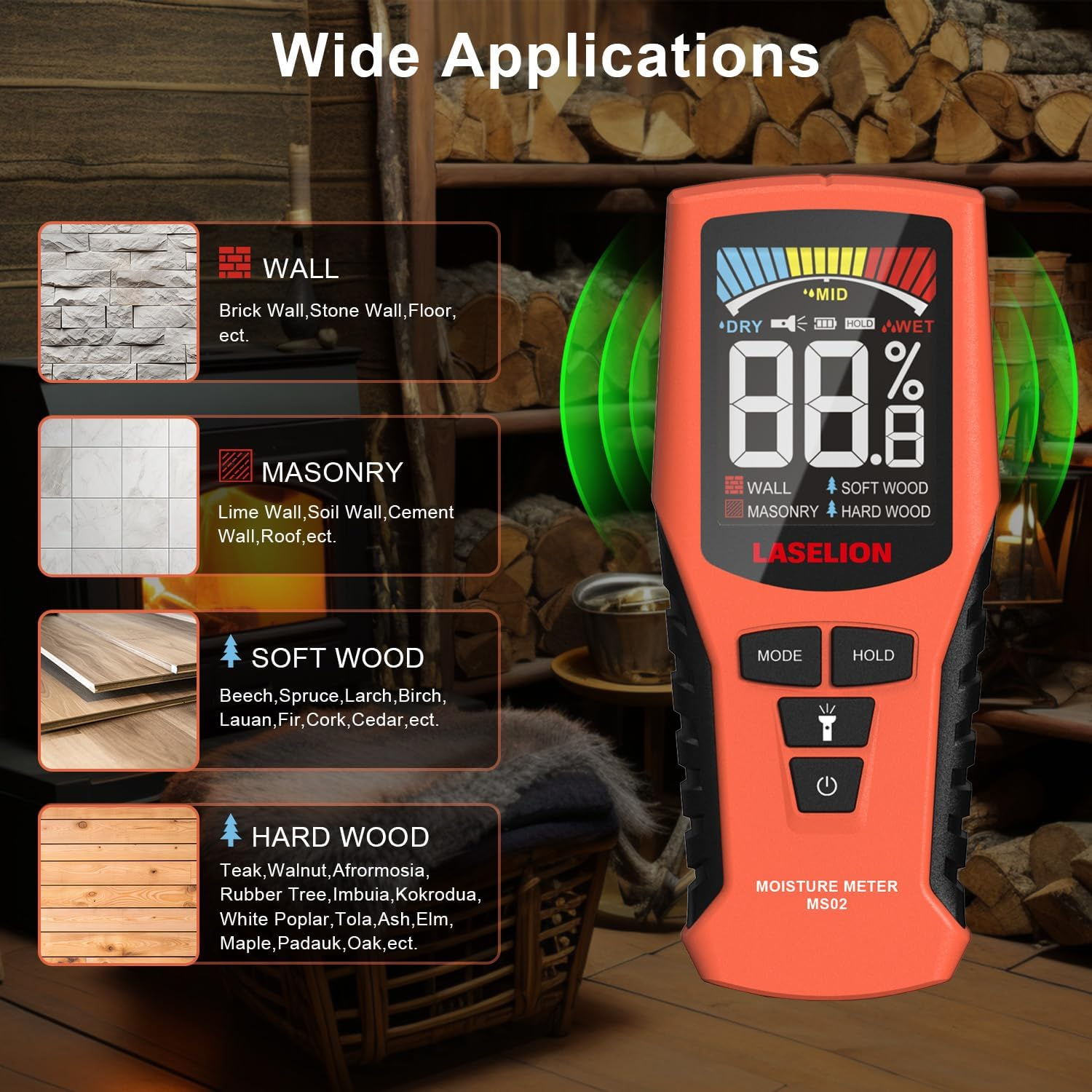 Pinless Moisture Meter MS02 Non-Destructive Wood Moisture Meter Detector with Large LCD Display, Batteries, 4 Modes for Wood, Firewood,Walls,Building Materials image number 2