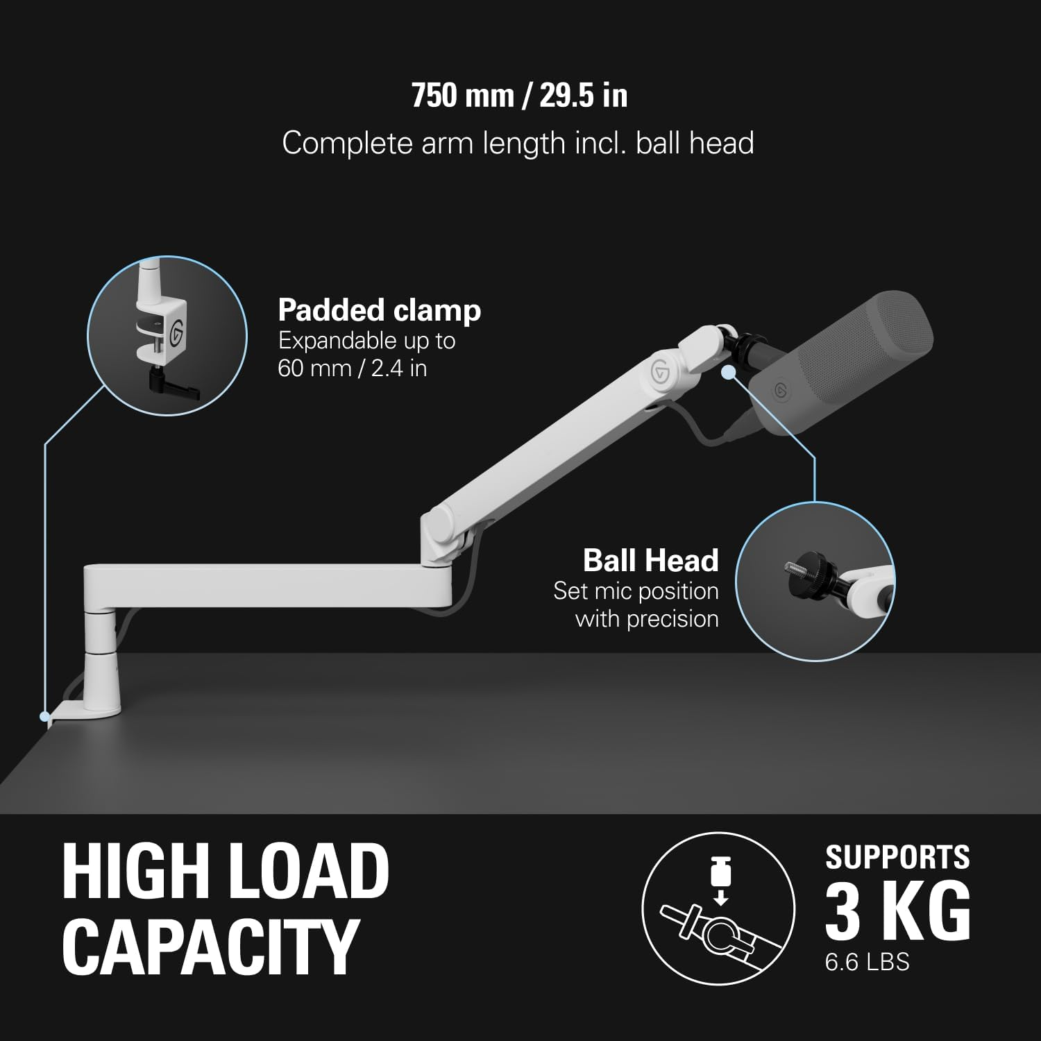 Elgato Wave Mic Arm Pro White - 360&deg; Rotatable Low Profile Gas Spring Microphone Arm, Works with Elgato Mics/Shure Sm7B/Hyperx Quadcast/Rode/Blue Yeti & More &ndash; for Broadcasting/Podcasting/Streaming image number 4