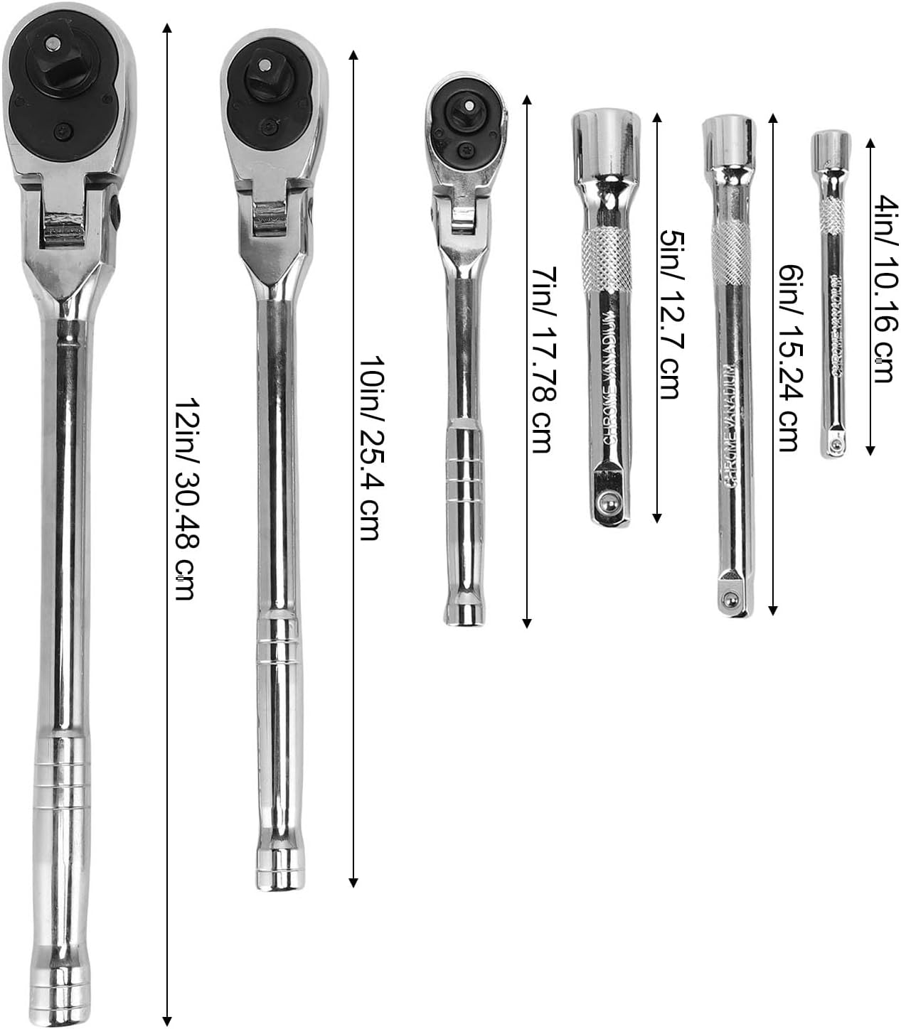 Jiawu 6-Piece Flex Head Ratchet Set, 1/4", 3/8", 1/2" Drive, Swivel Head Ratchet Wrench with Extension Bar, 72 Tooth, 180&deg; Adjustable, Quick-Release, Flexible Ratchet Handle