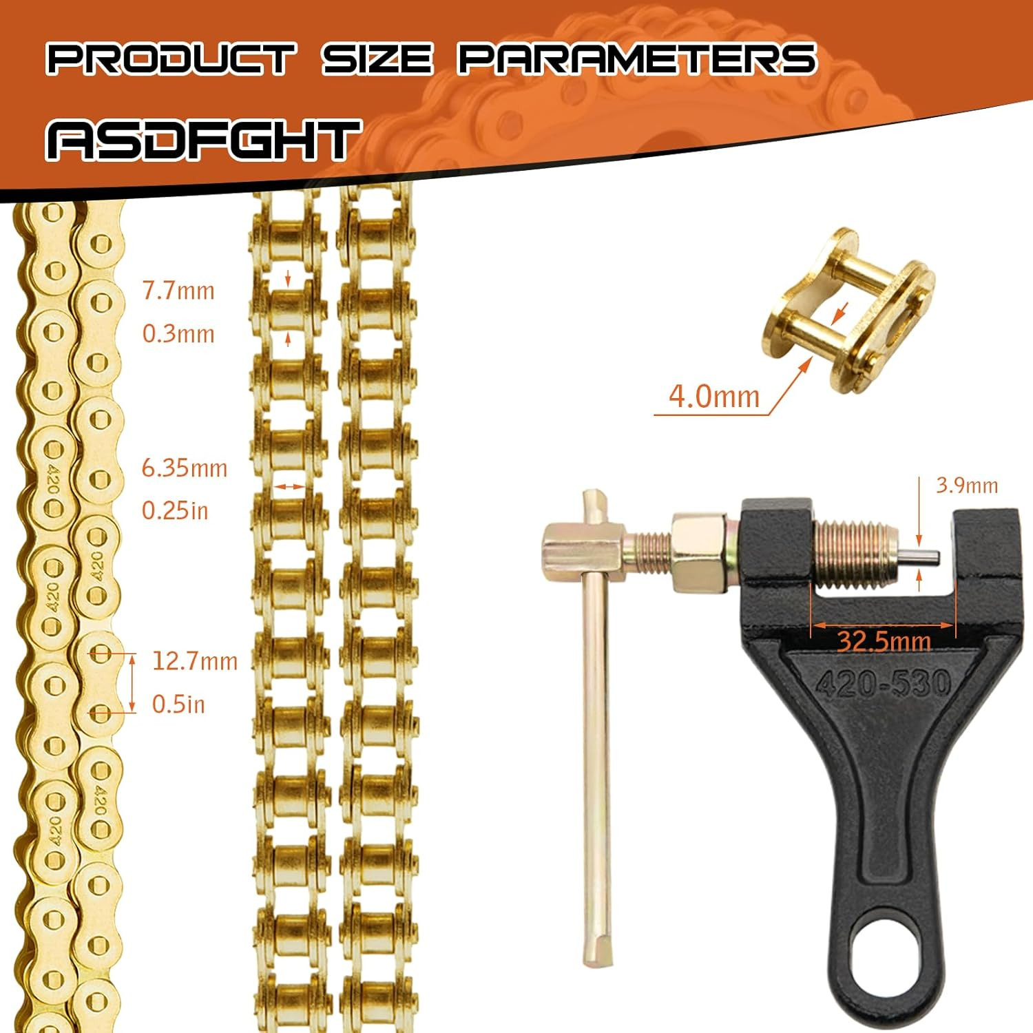 ASDFGHT 420 Motorcycle Chain 132 Link Gold image number 3