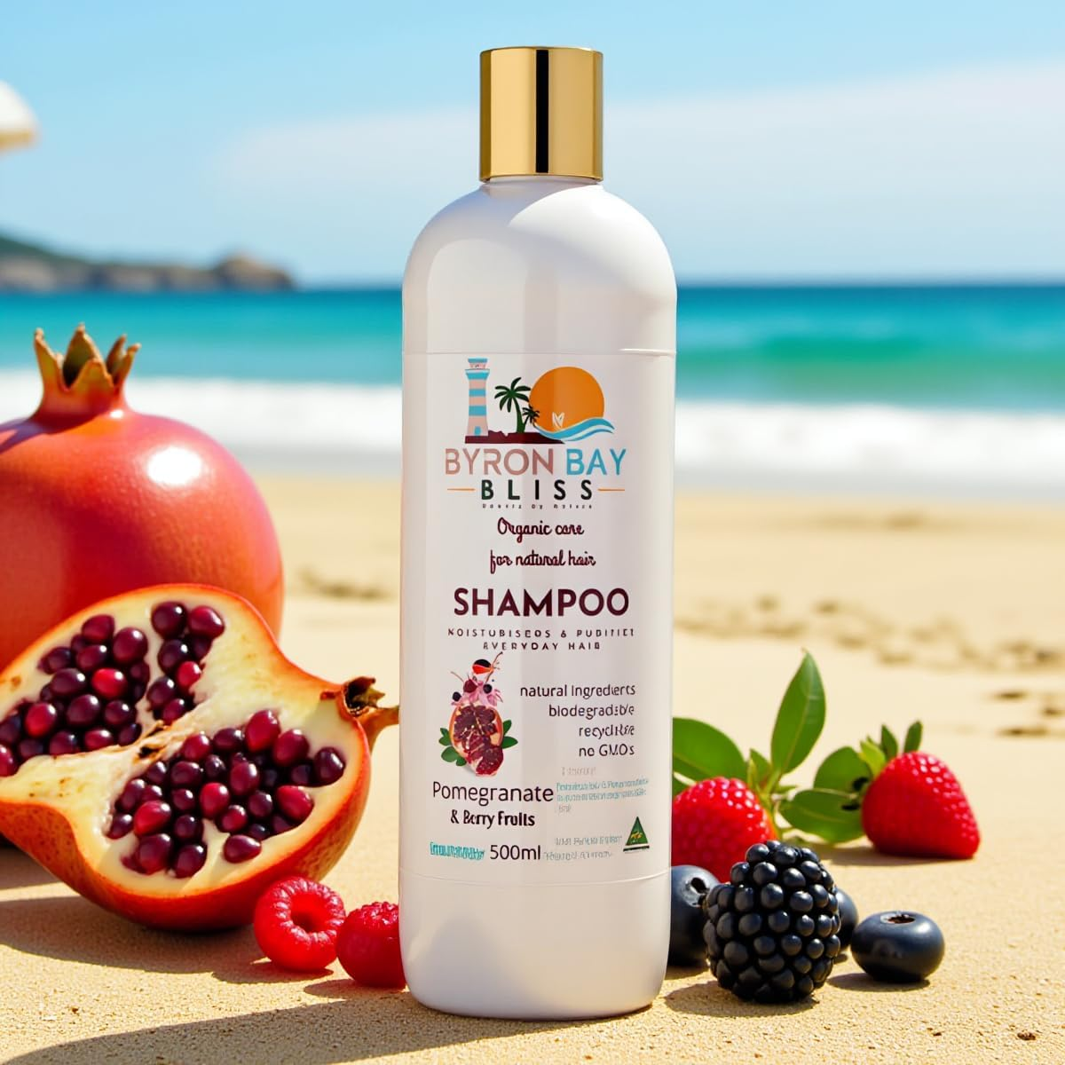 Byron Bay Organic Pomegranate Shampoo 500Ml | Premium Australian Made Hair Care with Natural Oils | Deep Hydration & Shine | Sulfate-Free Vegan Shampoo for Dry, Damaged & Color Treated Hair image number 1