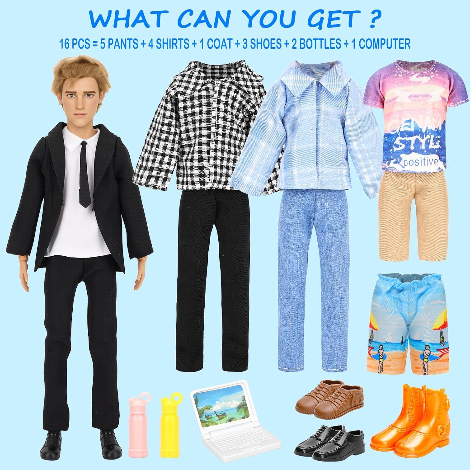 Barwa Lot 16 Items Clothes for 12 Inch Boy Doll EU CE-EN71 Certified Include 4 Sets Casual Wear Clothes + 5 Pants + 3 PCS Shoes Laptop Water Bottles image number 5