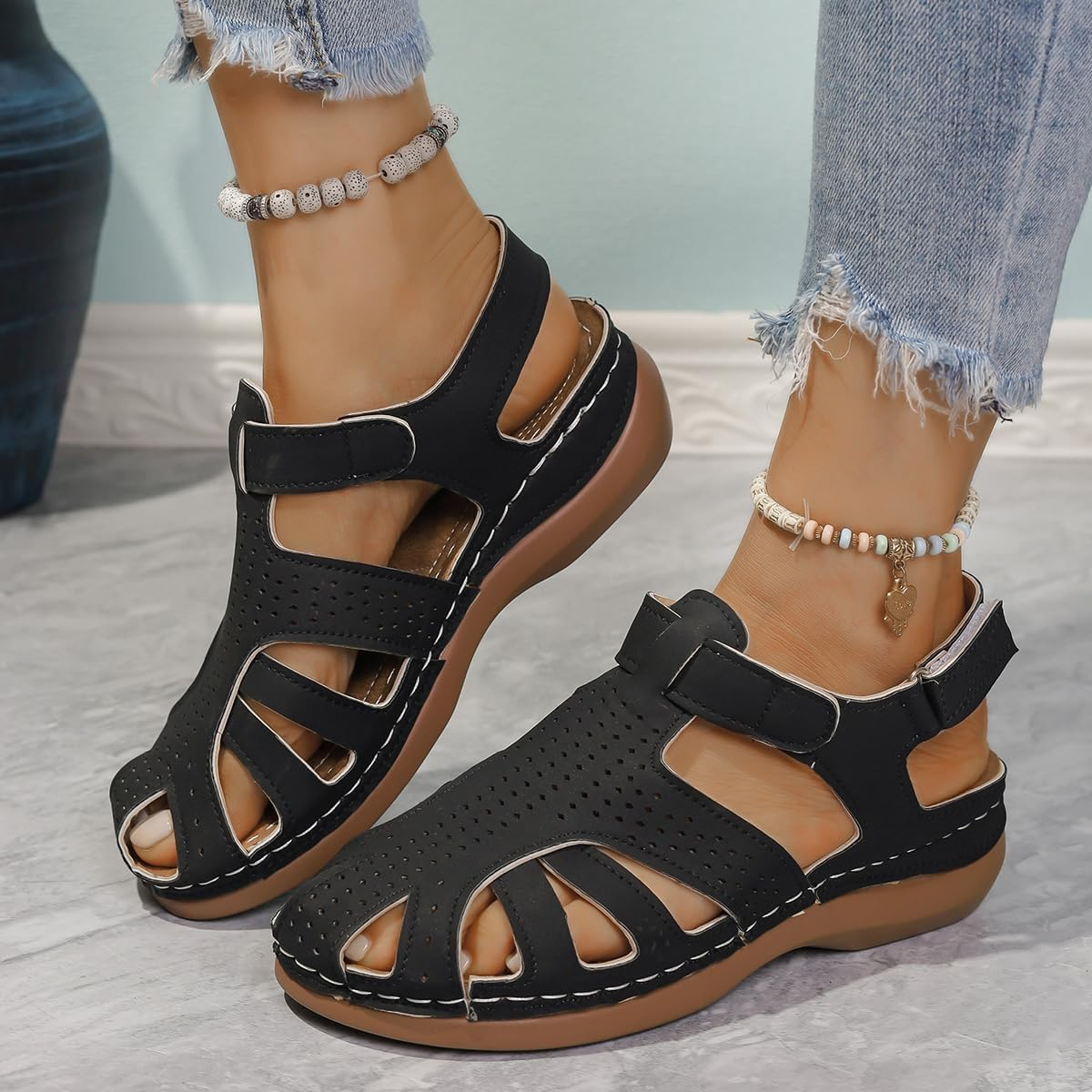 Wedge Orthopedic Sandals for Women Comfortable Closed Toe Summer Sandals Comfortable Hollow Out Sandal with Arch Support image number 5