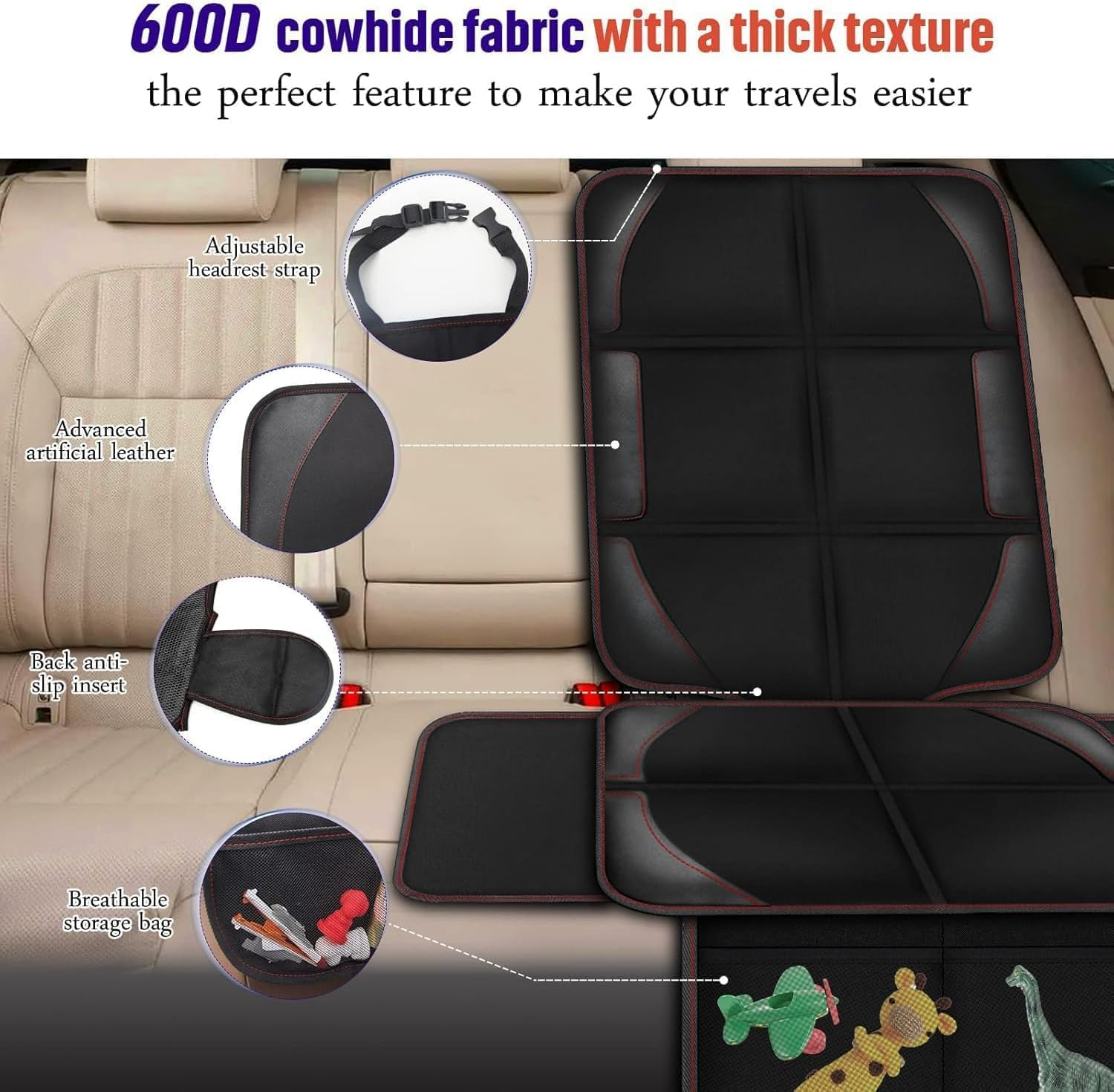 Car Seat Protector, Child Seat Protection, 600D Waterproof Non-Slip Fabric Thick Padding with 2 Mesh Storage Pockets, Baby Seat Protectors under Carseat image number 2