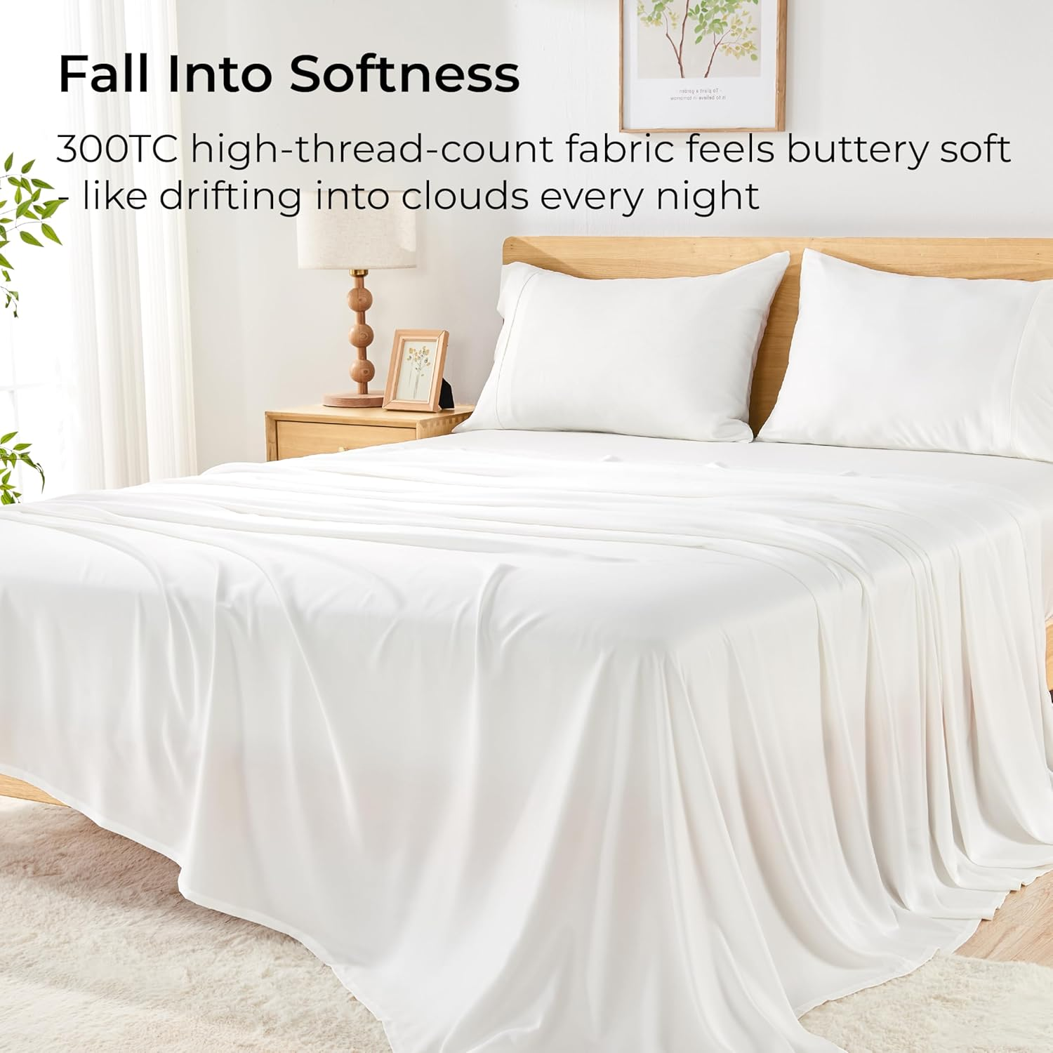 GOKOTTA Cooling Sheets King Size for Hot Sleeper, Breathable Luxury Soft Bamboo Sheets with 4 Elastic Corner Straps, 16 Inch Pocket, Bed Sheets with Double Stitched (Bright White, King) image number 4