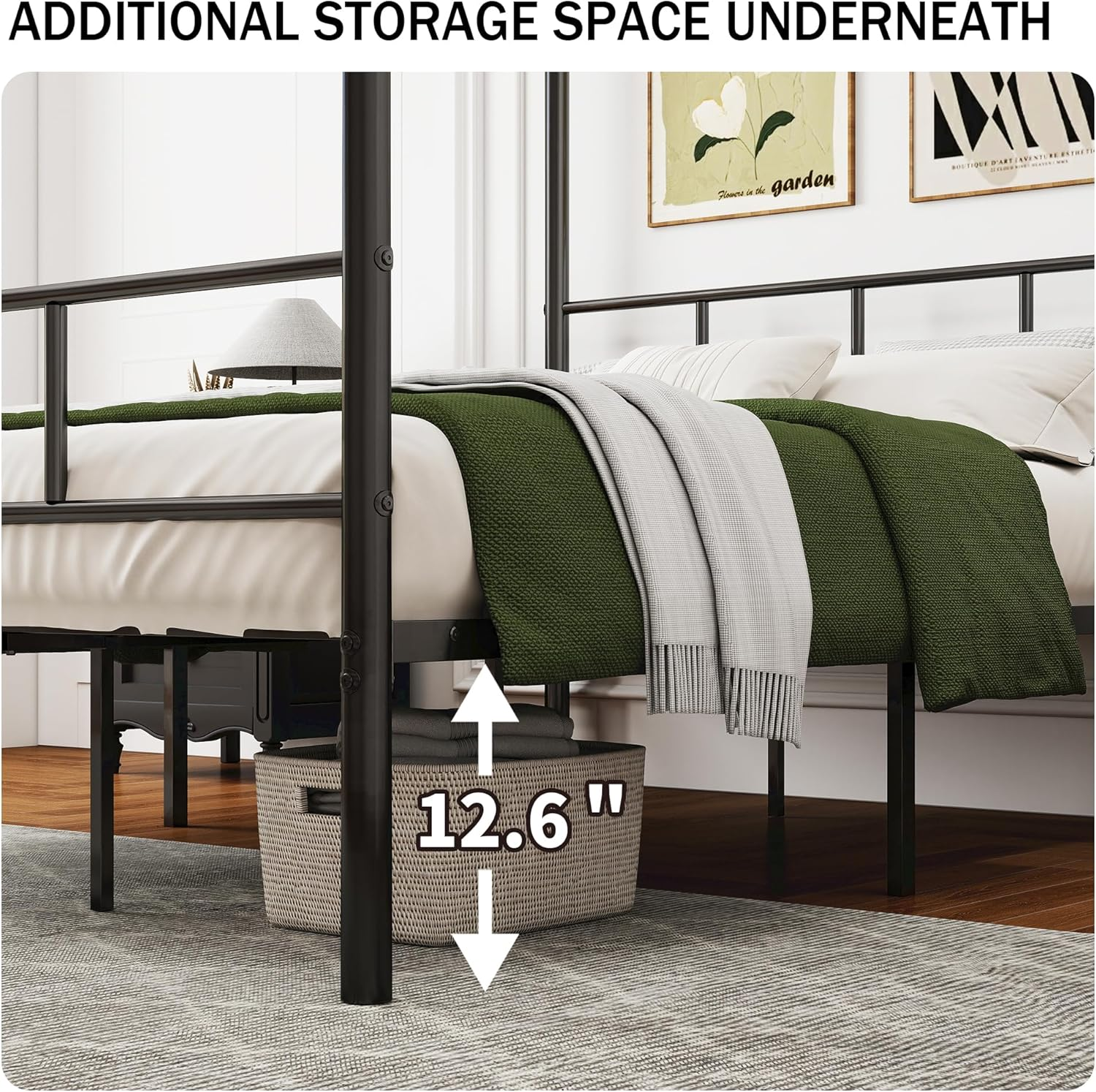 Diolong Patricia Double Bed Frame Canopy Four Poster Bed with Metal Slats/Mattress Platform with under Bed Storage/Bedroom Furniture/Black image number 2