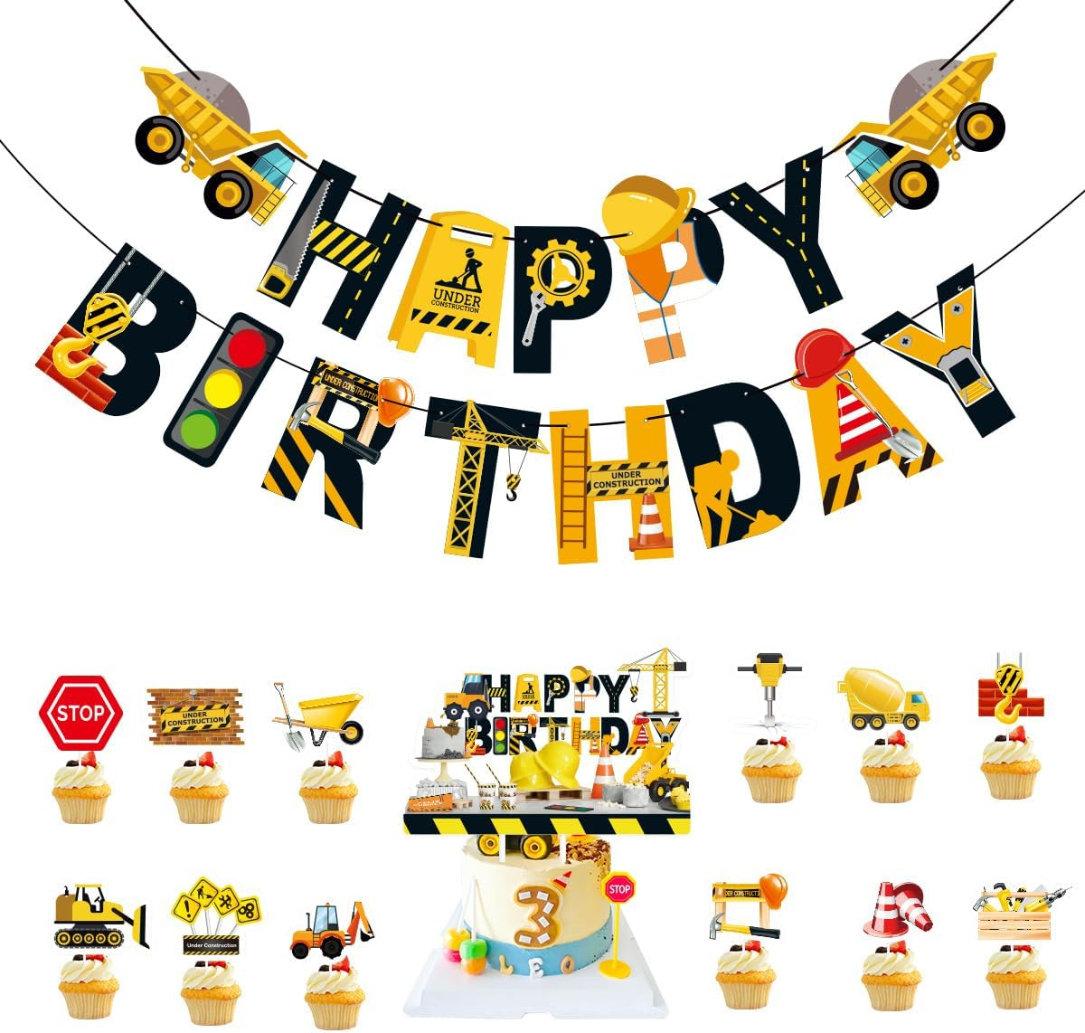 Transportation Banner Construction Party Supplies Kits Cake Decoration DIY Cupcake Topper Transportation Happy Birthday Banner for Boy Girl Birthday Party Supplies. image number 2