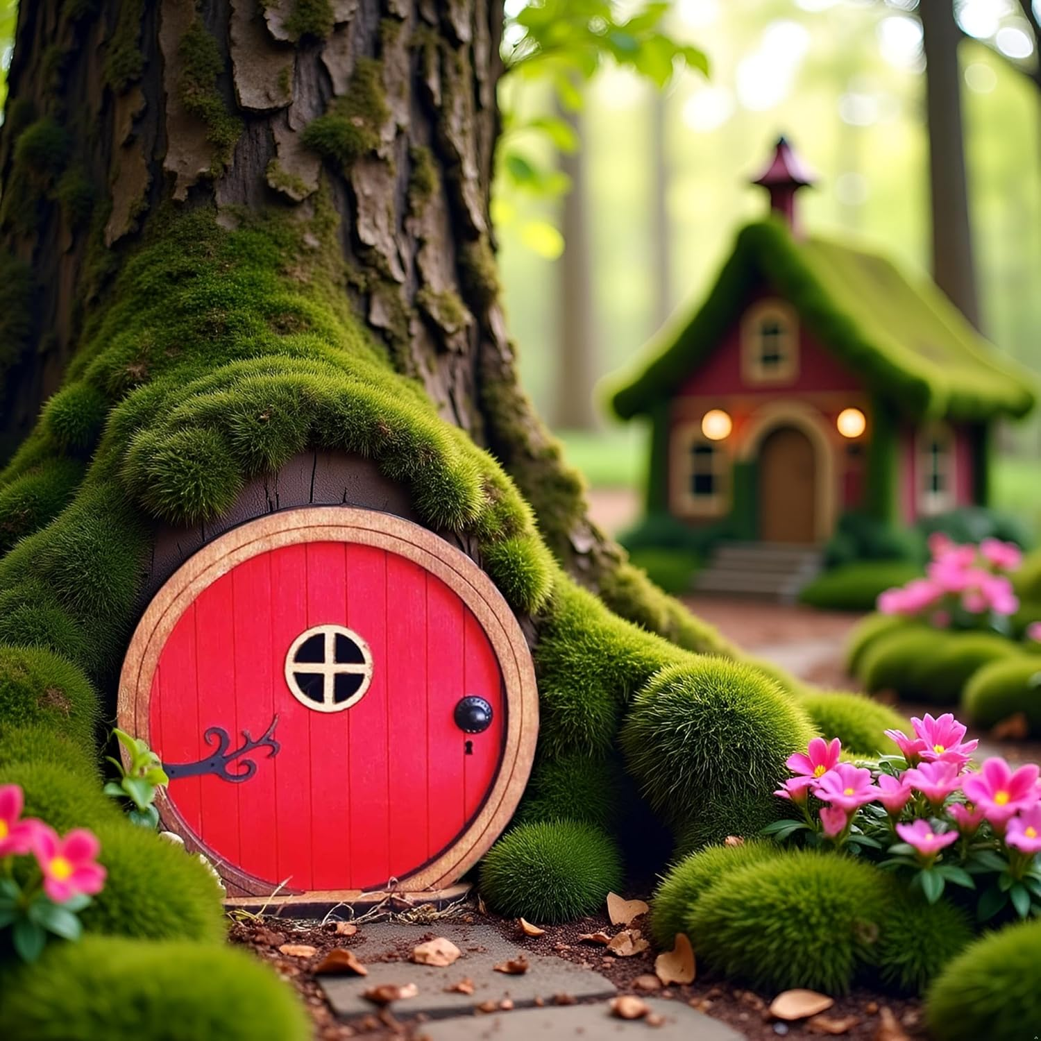 Red Fairy Garden Door for Tree, Fairy Doors for Trees Outdoor & Tree Trunk, Mini Fairy Garden Sculpture Lawn Ornament Decor, Fairytale Tiny House Doors Mini Gift, Fairytales Door Decoration image number 1