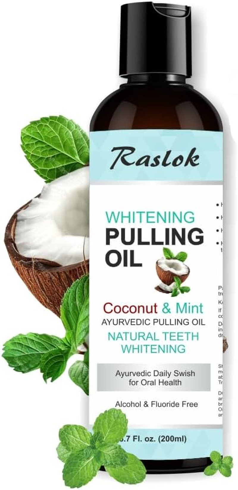 Raslok Coconut Oil Pulling, Fresh Breath and Whitening Mouthwash | Healthy Teeth & Gums, Alcohol Free, 6.7 Fl. Oz. (200Ml)