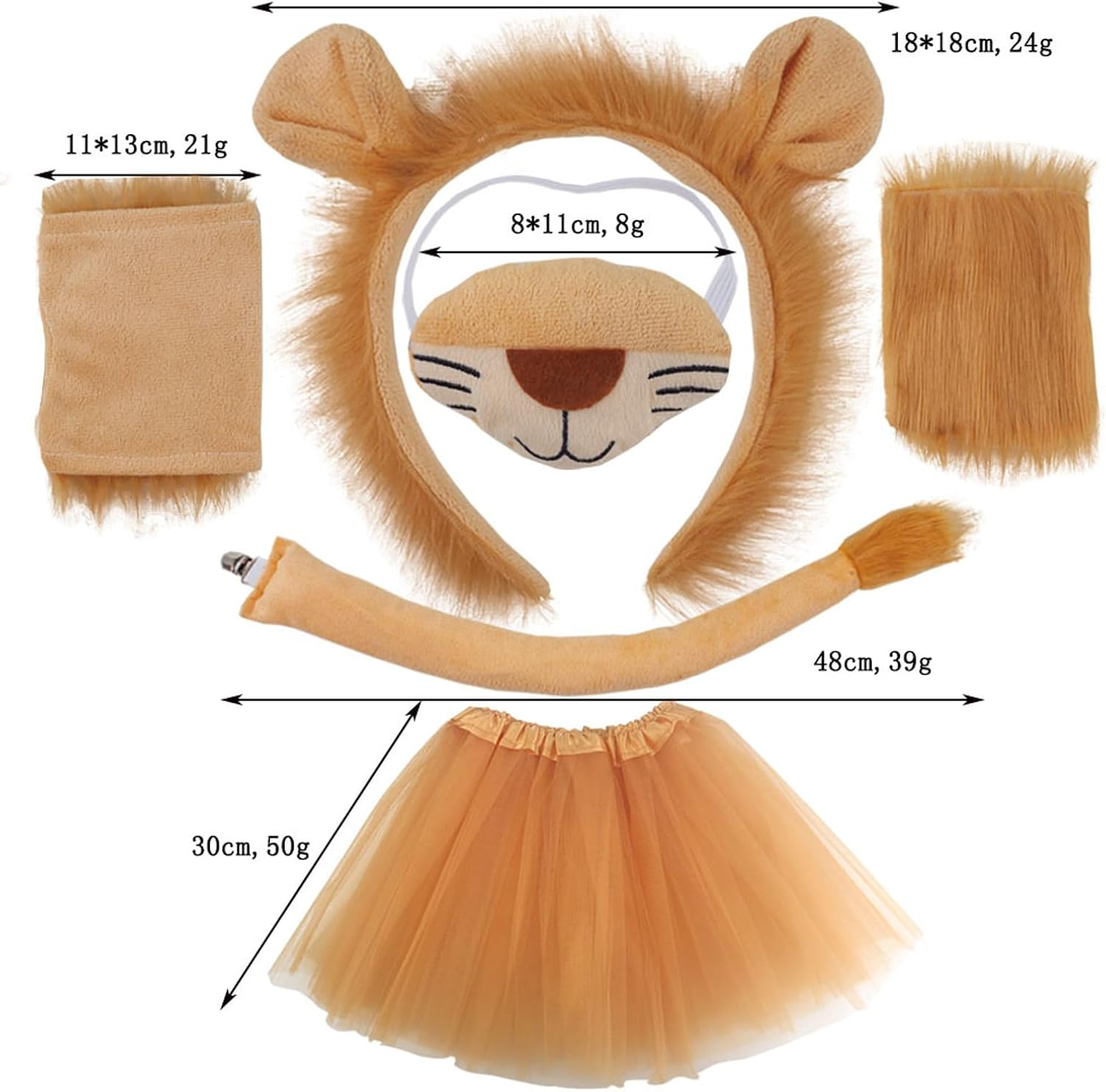 5 PCS Lion Costume Accessory Lion Ears Headband Skirts,Noses,Gloves,Lion Animal Clothing,Yarn image number 3