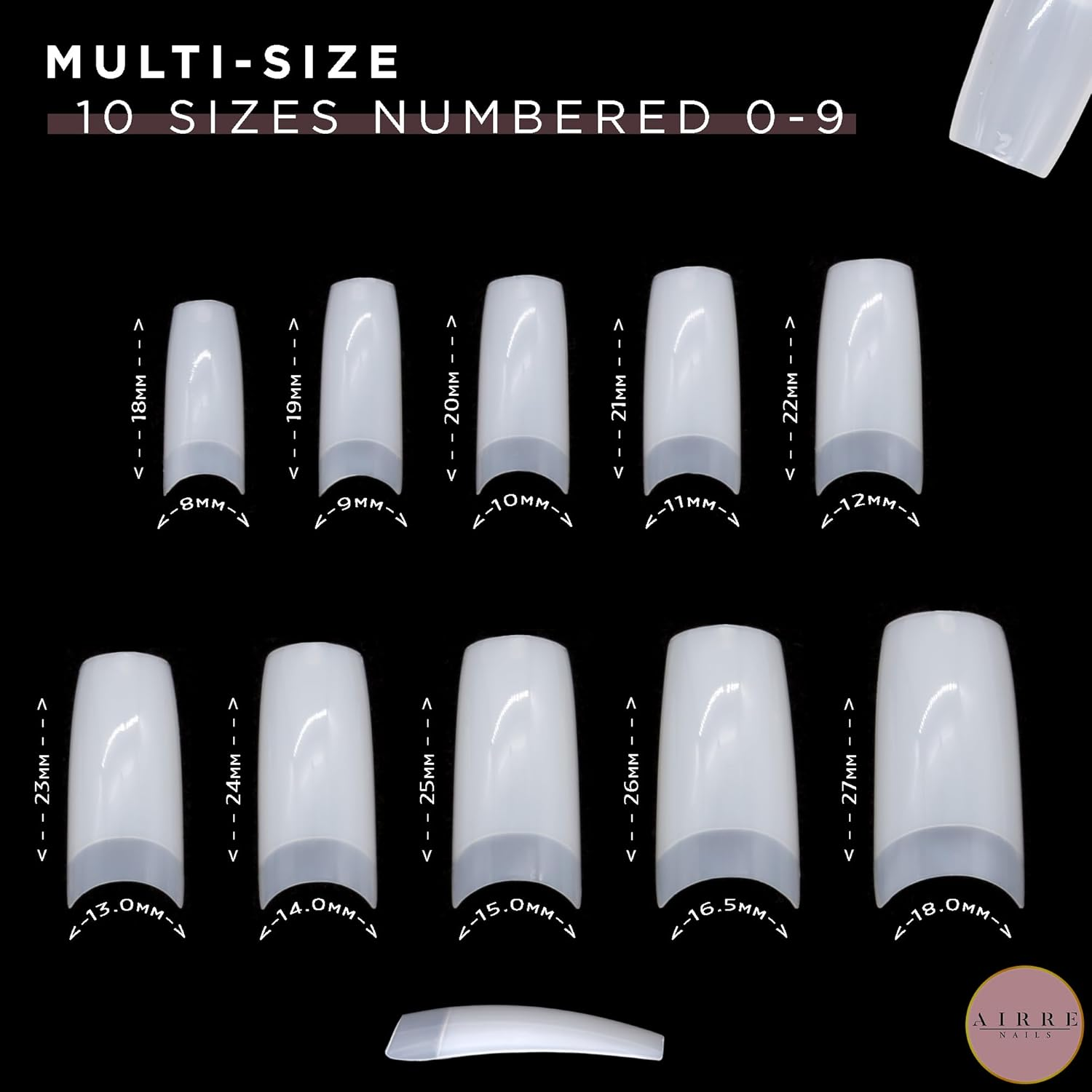 500 AIRRE Pro Acrylic Nail Tips & 3 Files with Box - (10 Sizes) French Square Half Cover False Nails. for Salons MUA & Home DIY. Use: Cut, File & Shape, UV/LED Gel, Polish & Nail Art (Colour: Natural) - Natural image number 5