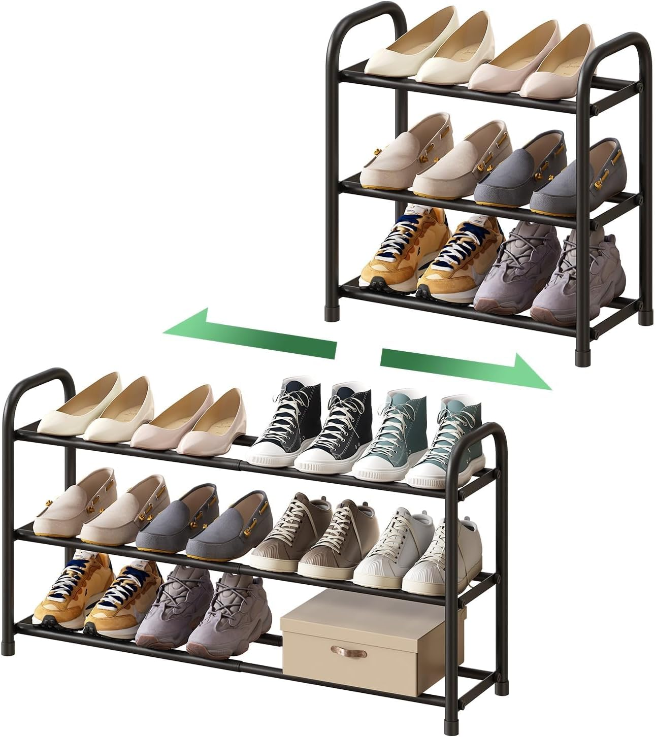Expandable 3-Tier Shoe Rack, Adjustable Shoe Shelf Storage Organiser with Heavy Duty Metal Construction, Free Standing Shoe Rack for Hallway, Closet, and Entryway(Black) image number 6