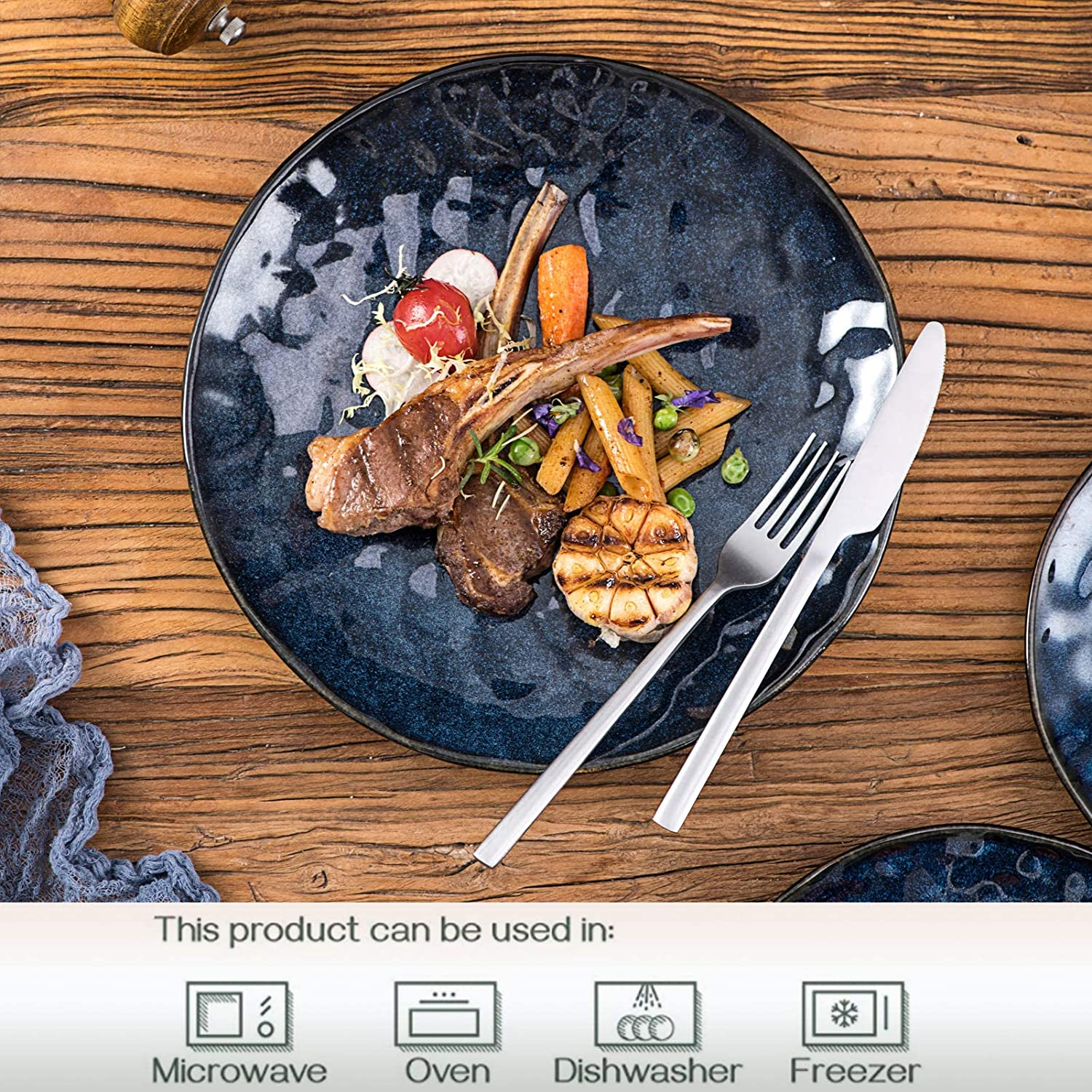 Vicrays Ceramic Dinner Plates Set, 10.5 Inch, Set of 6, Round, Microwave, Oven, Dishwasher Safe, Scratch Resistant, Porcelain Fluted Suitable for Steak, Pasta, Pizza, Home, Party, Restaurant (Blue) image number 3