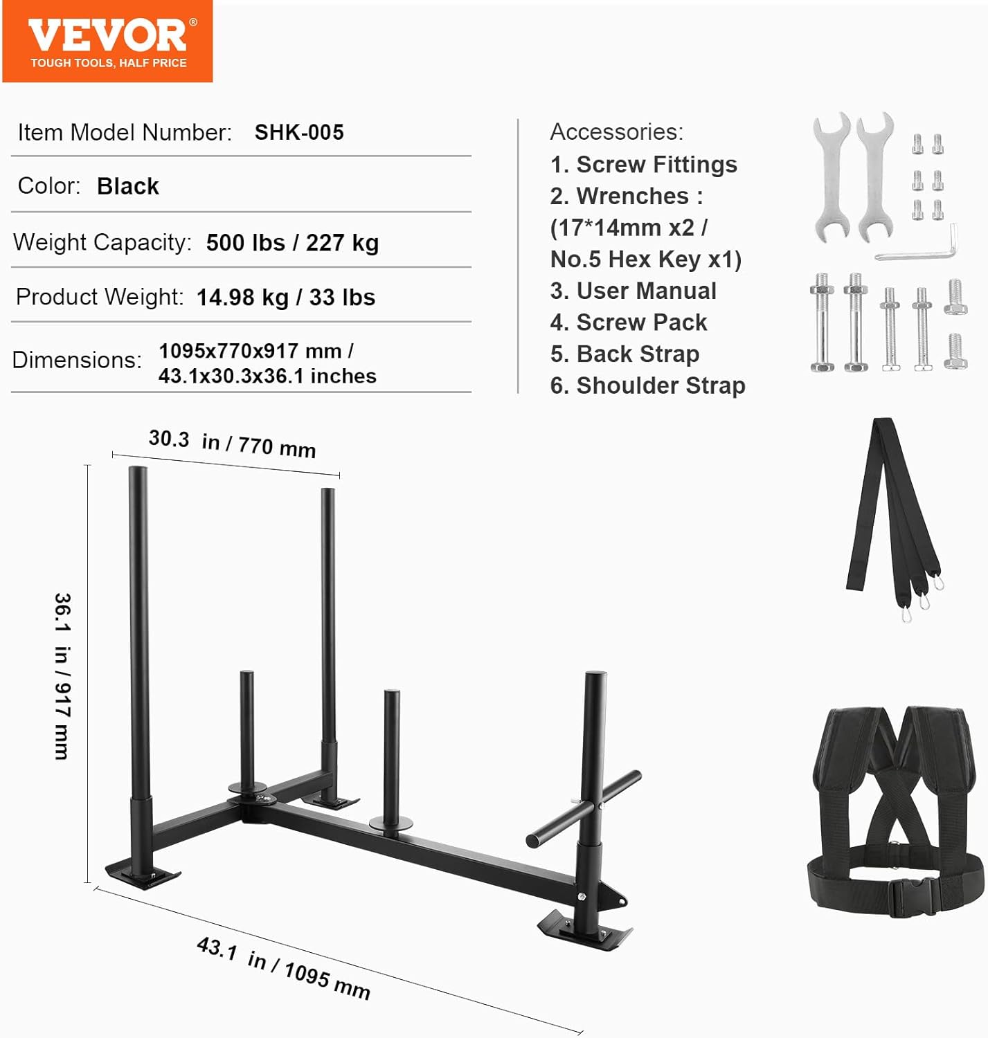 VEVOR Weight Training Pull Sled, Fitness Strength Speed Training Sled, Steel Power Sled Workout Equipment for Athletic Exercise and Speed Improvement image number 1