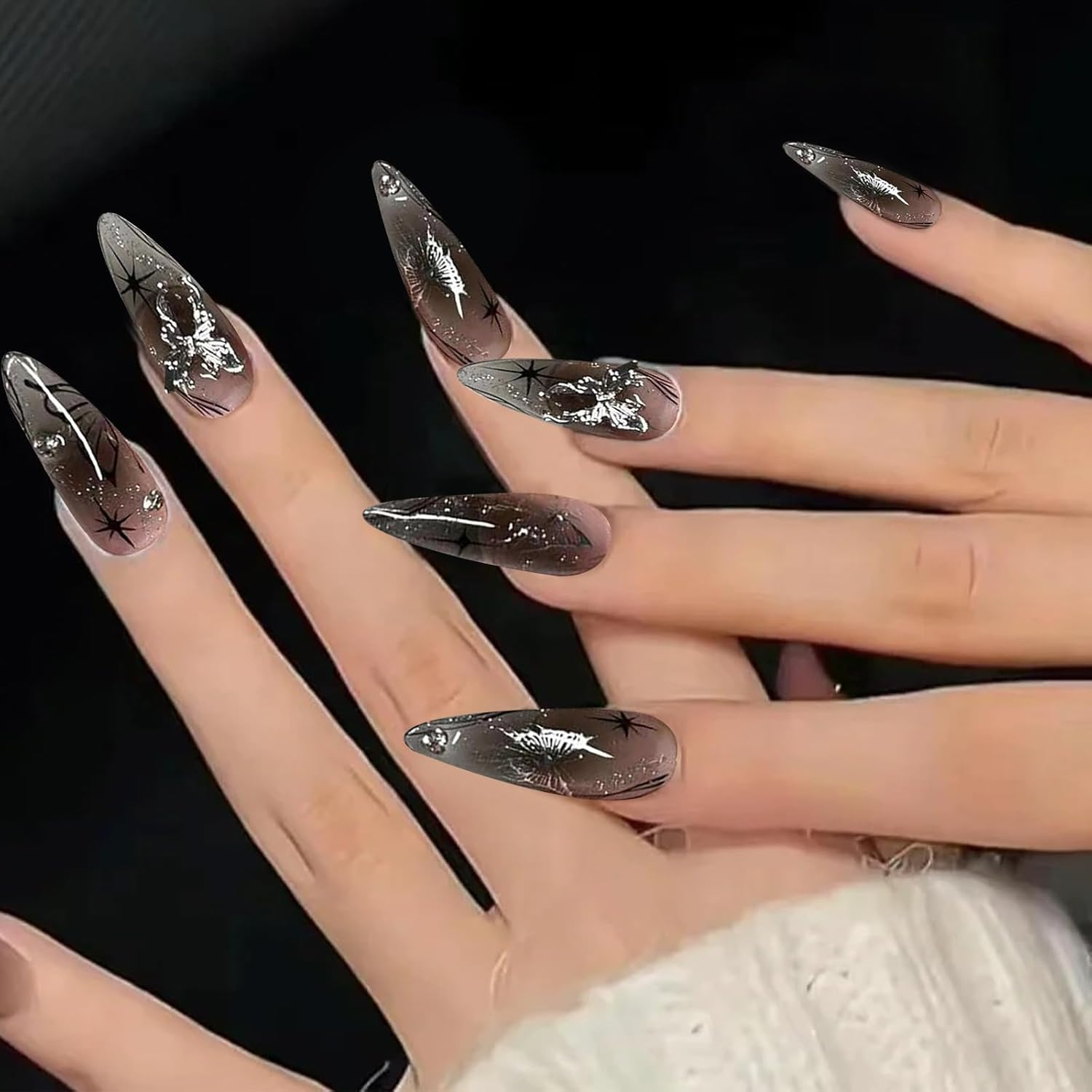24 Pieces Push on Almond Nails Shiny False Nails Black Ombre Full Surface Glue on Nails with Metal Butterfly Designs image number 6