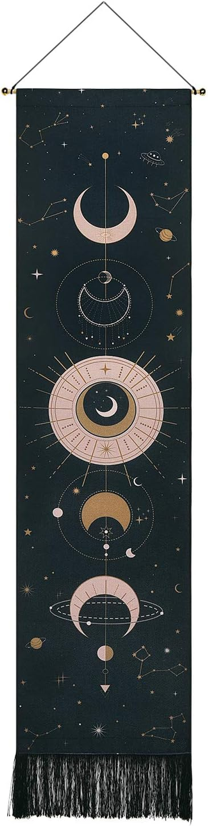 Jufay Moon Phase Tapestry Wall Hanging Art Bohemian Tapestry Black for Room (Black, 12.8 X 51.2 Inches)