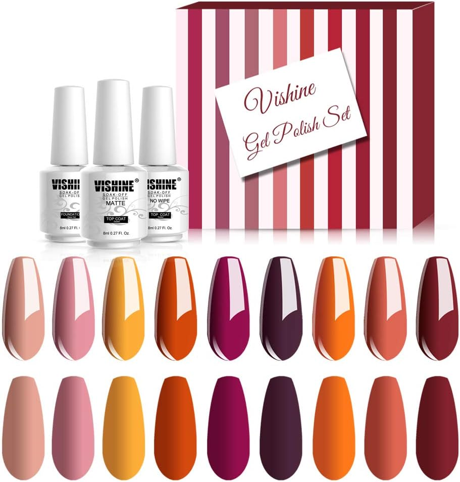 Vishine 12Pcs Gel Nail Polish Kit, Orange Yellow Red Purple Gel Nail Polish Set Colors Collection Soak off LED Nail Lamp Base Top Coat & Matte Top Coat Gel Nail Kit 8Ml image number 1