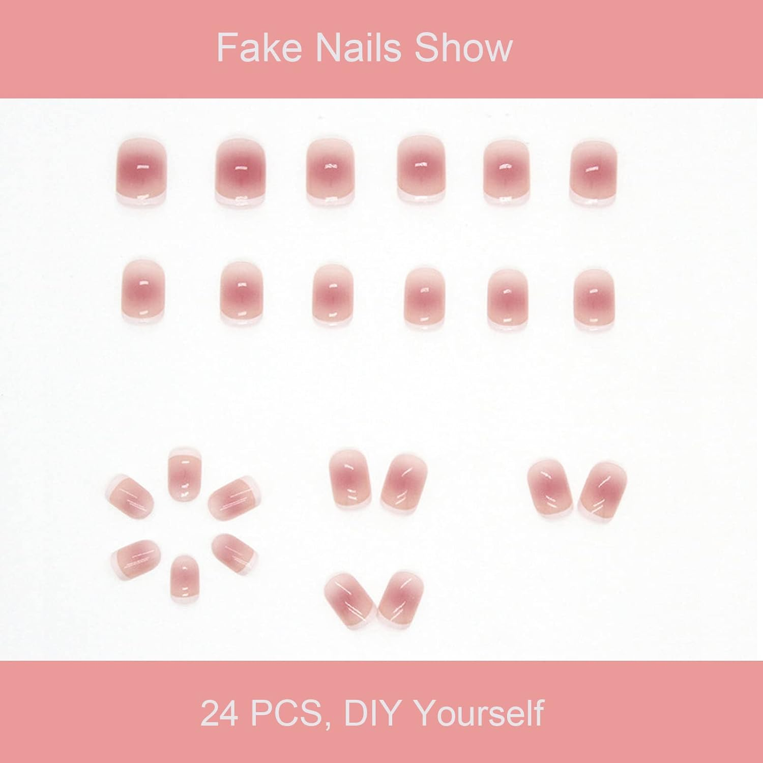 24-PCS French Press on Nails Short Fake Nails Blush Stain False Nails White Edge Fake Nails Burgundy Moose Pattern Fake Nails Glossy False Nails Full Cover Acrylic Nails for Women & Girls image number 3