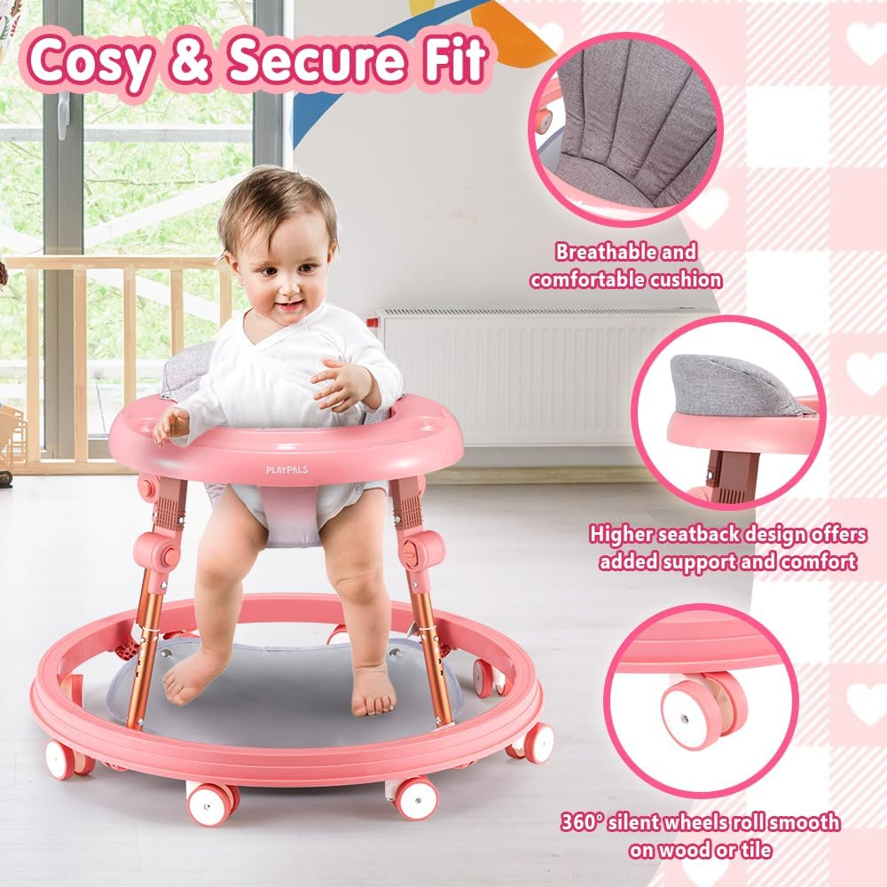 Playpals 3-In-1 Baby Walker for Boys and Girls 6-18 Months, Toddler Walker with Removable Footrest and Feeding Tray, Foldable & Adjustable Activity Walker for Toddler Infant - Pink - Pink image number 3