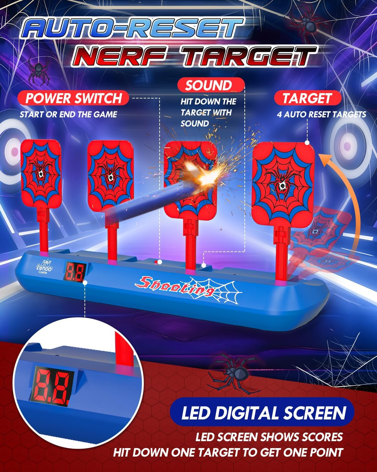 Lehoo Castle Target, Toys for 3 4 5 6 Year Old Boys, 4 Electronic Digital Auto Gun Target, Shooting Targets with 20 Bullets 2 Wrist Bands for Boys Girls image number 5