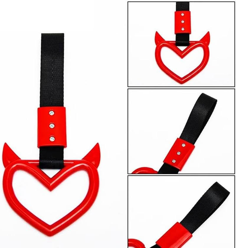 2 Pieces Heart Handle Ring Bumper Warning Car Accessory Heart Hand Strap Drift Charm Rear Bumper Warning Ring Decor for Car Bus Subway Interior Exterior Decoration (Red, One Size)