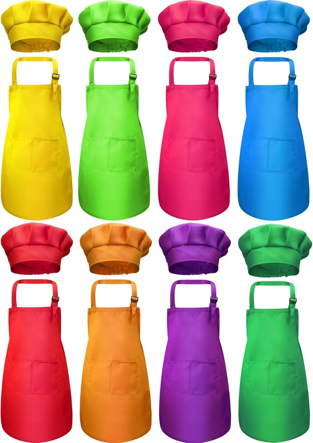 8 Sets Apron Chef Hat Set Apron with 2 Pockets Adjustable Chef Apron and Hats Kitchen Cooking Baking Painting Wear (Multi-Color, M for 7-13) image number 2