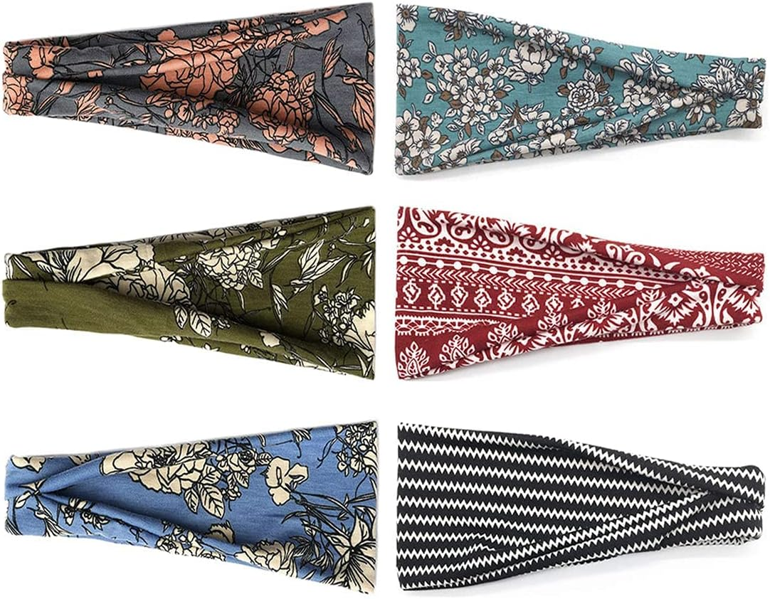 Boho Headbands for Women Fashion Wide Headband Yoga Workout Head Bands Hair Accessories Band 6 Pack image number 1