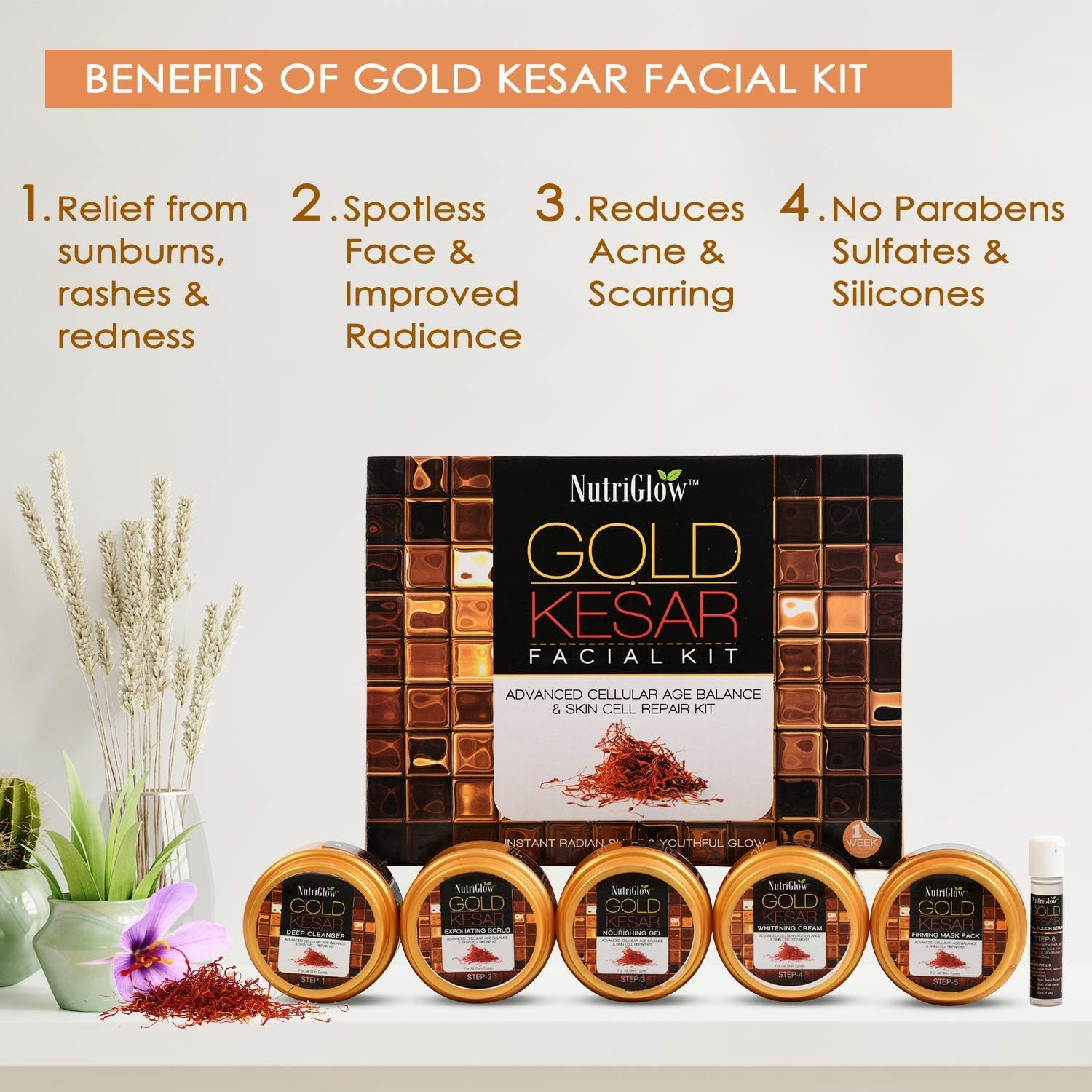 Nutriglow Gold Kesar Facial Kit for Women| 6-Pieces Skin Care/Skin Cleanup Set | Prevents from anti Aging| 250G + 10Ml image number 1