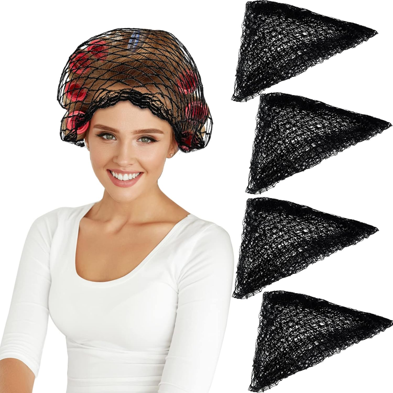 WILLBOND 4 Pcs Cotton Triangle Hair Net for Rollers, Women Mesh Hair Net Setting for Sleeping, 35 X 35 X 57 Inches image number 2