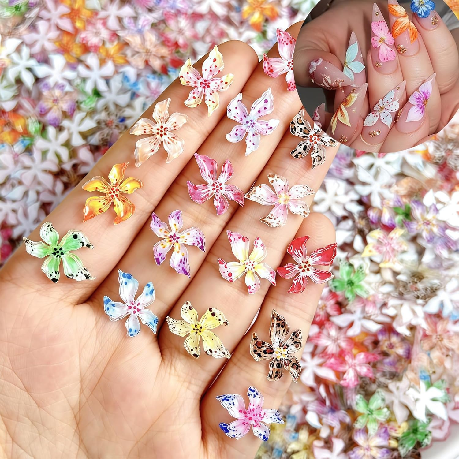 60 Pieces Charms Nails, 3D Flower Nail Art Charms, Colourful Flower Nail Gems for Women, Summer Nail Designs, DIY Nail Accessories image number 6