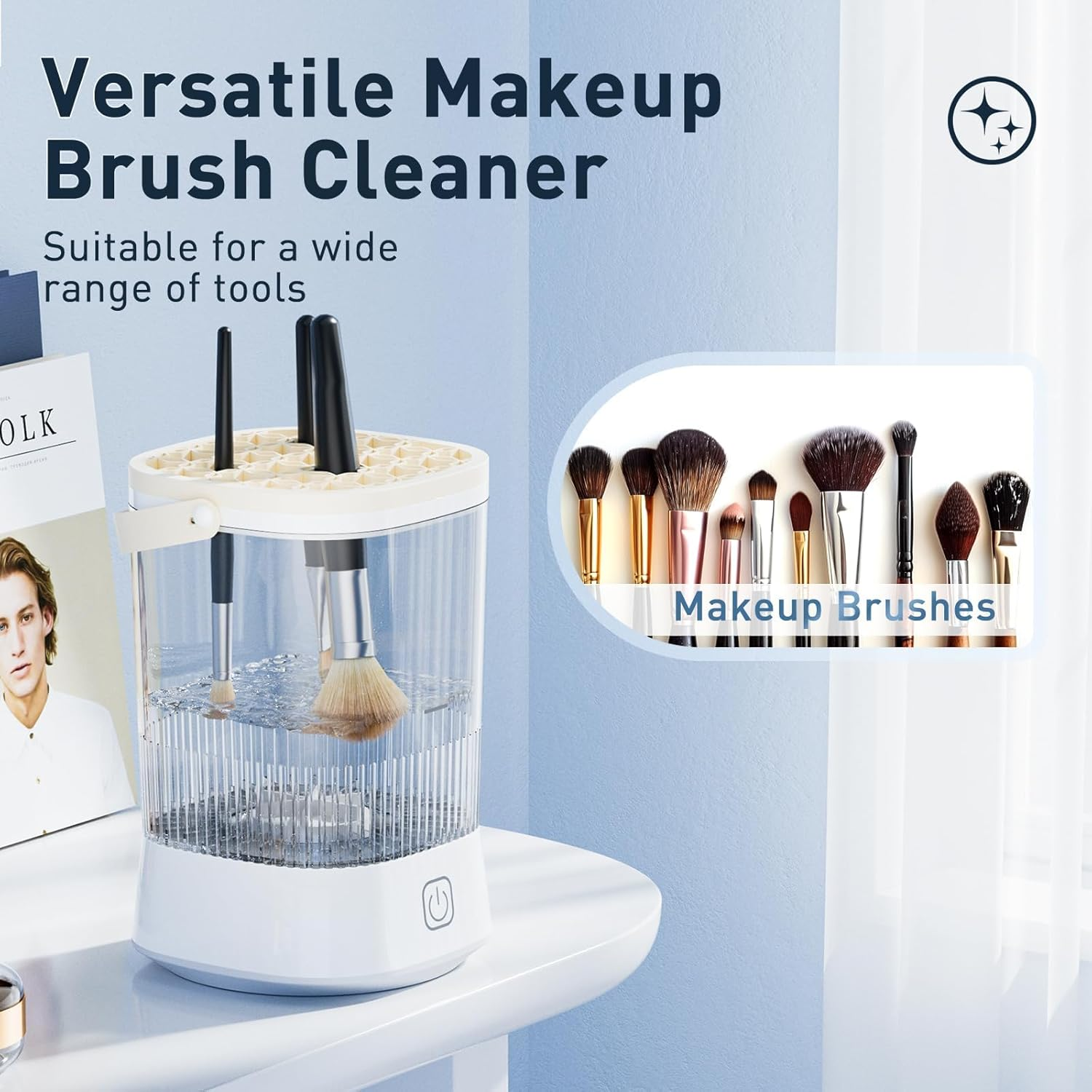 Electric Makeup Brush Cleaner Machine, Automatic Spinning Make up Brush Cleaner with 1200 Mah Rechargeable Battery, Portable Cosmetic Brush Cleaner Dryer Tool for All Size Makeup Brush (White) image number 4