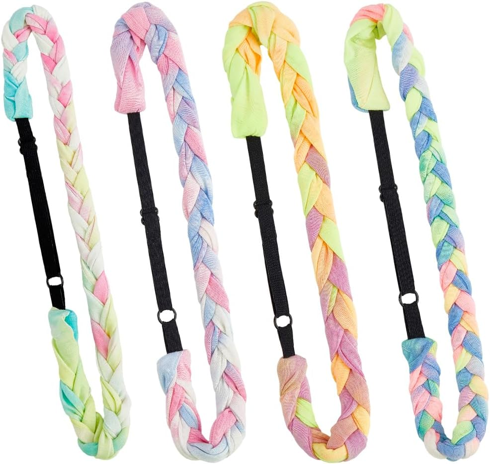 SOFPLATE 4Pcs 4 Colors Elastic Woven Headbands Thin Colored Fabric Headbands Adjustable Rainbow Polyester Stretch Spandex Cloth Tie Dye Hairbands Accessories for Short Long Hairstyle DIY Decoration image number 5